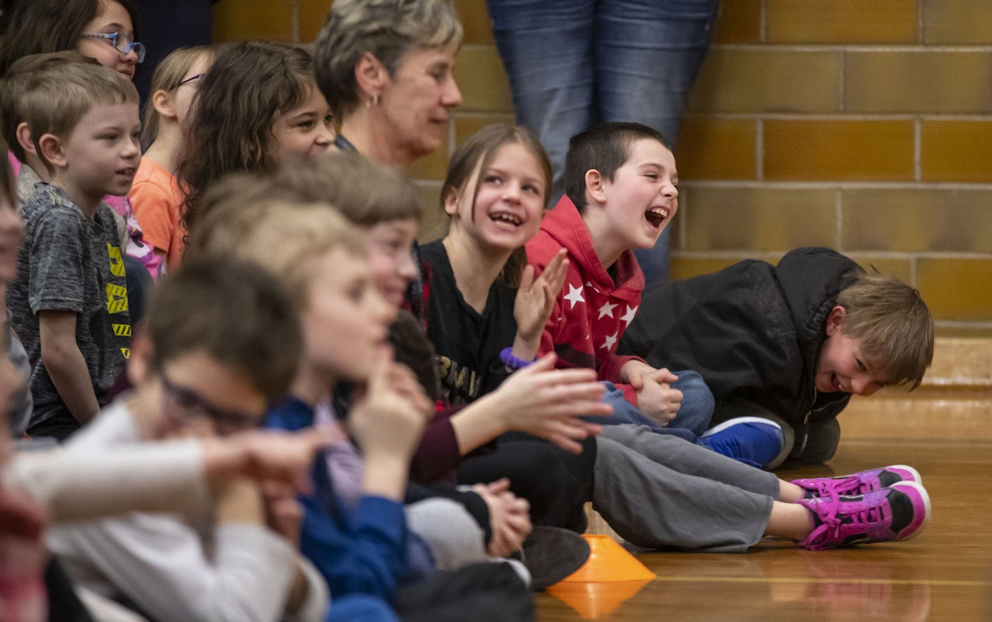 Cherry School students broke out in laughter as their physical education teacher, Carl Henkel, put on a dress to play the role of one of Cinderella's step sisters during the performance on Friday. ]
ALEX KORMANN &#x2022; alex.kormann@startribune.com The Little Opera of the North performed an opera of Cinderella for elementary school children at Cherry School in Iron, MN on Friday February 28, 2020. The show was one of the last of their month long tour around Minnesota and parts of Wisconsin wher