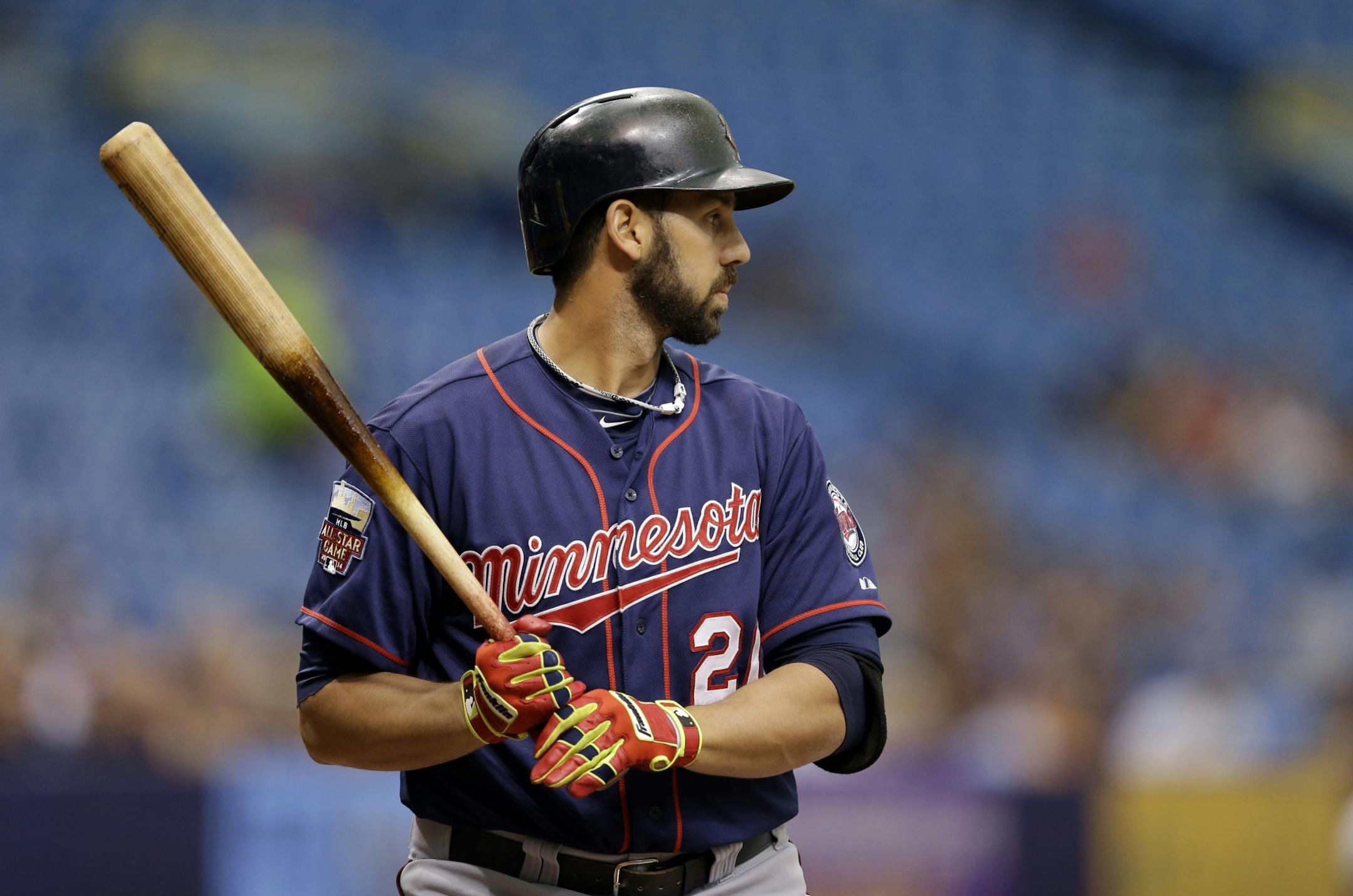 Minnesota Twins' Chris Colabello at bat against Tampa Bay Rays starting pitcher Erik Bedard during the first inning of a baseball game Thursday, April 24, 2014, in St. Petersburg, Fla.