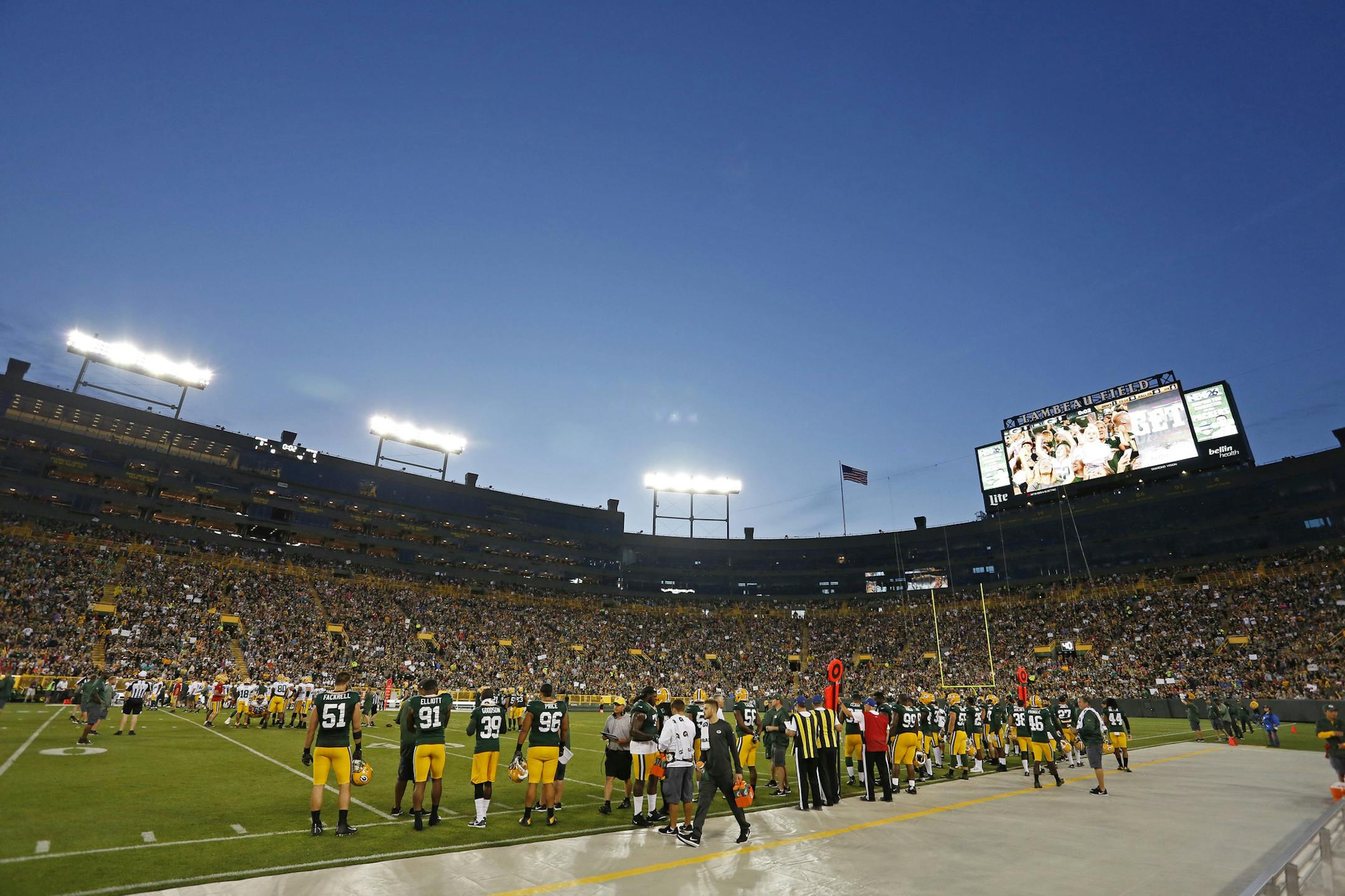 Lambeau Field during a Green Bay Packers NFL football training camp practice, Saturday, Aug 5, 2017, in Green Bay, Wis. (AP Photo/Matt Ludtke)