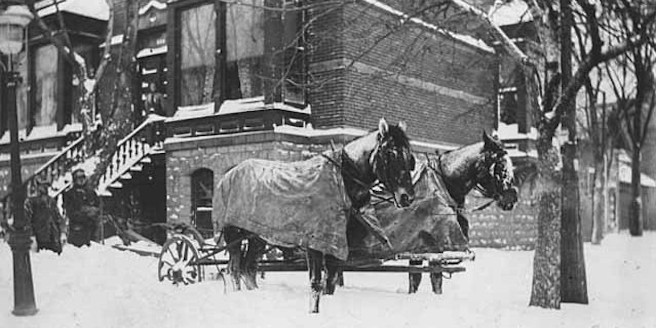 Horses pulling a snowplow in Minneapolis in an undated photo.