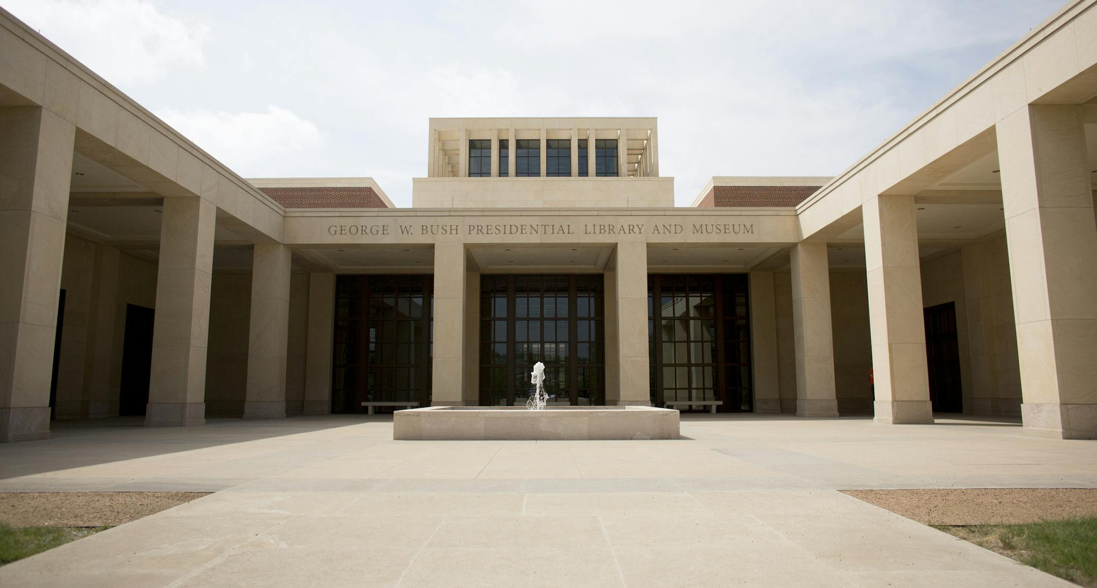 The the brick-and-limestone exterior of the George W. Bush Presidential Library and Museum on the campus of Southern Methodist University in Dallas, April 15, 2013. In the new museum, visitors to an interactive theater will be presented with the stark choices that confronted the nation's 43rd president. (Allison V. Smith/The New York Times)