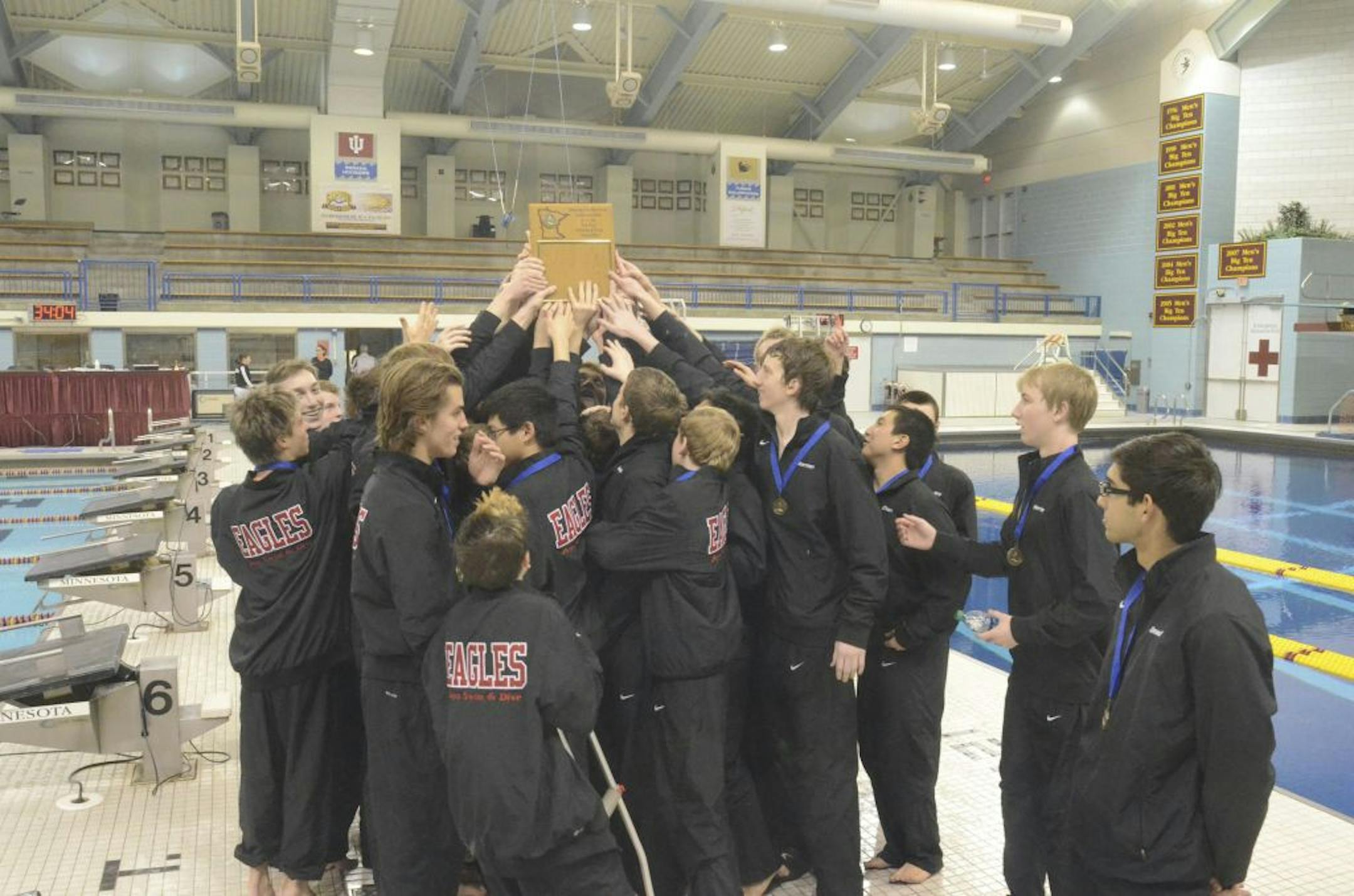 The Eagles, after placing second in the 2011 Class 2A meet, won the True Team state meet Jan. 21. Photo credit: Mark Kaplan
Eden Prairie boys' swim team with 2012 state true team trophy.