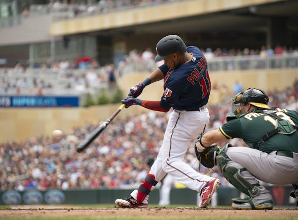 Minnesota Twins shortstop Jorge Polanco (11) hit an RBI double in the first inning, scoring Max Kepler.
