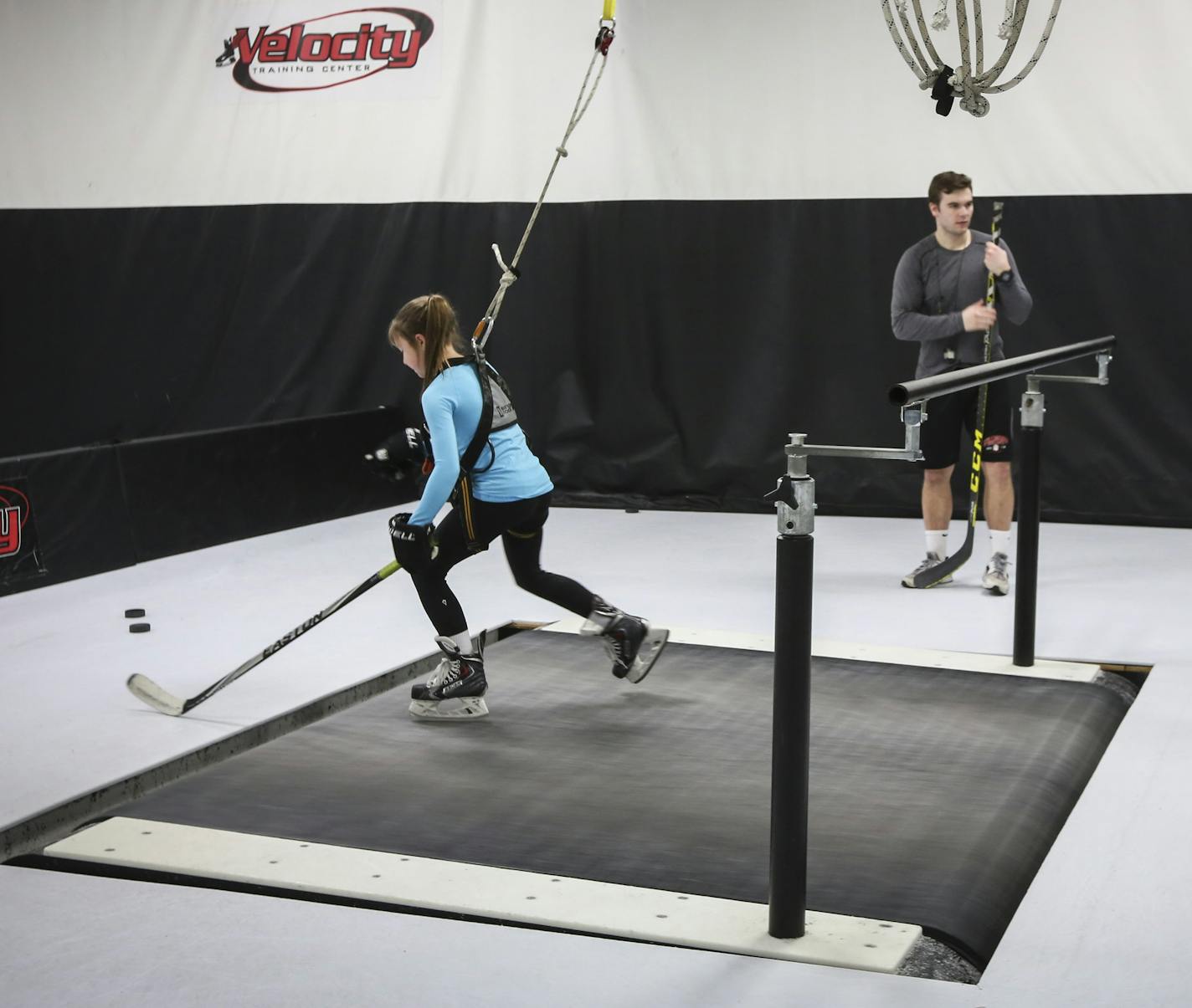 A group of Edina U 10 A girls hockey players used the indoor training center at a practice at the Braemar Arena complex on Tuesday, February 23, 2016, in Edina, Minn. ] RENEE JONES SCHNEIDER &#x2022; reneejones@startribune.com Pictured is Olivia Porthan, taylor Porthan and Mary Kate Hewitt (in red).