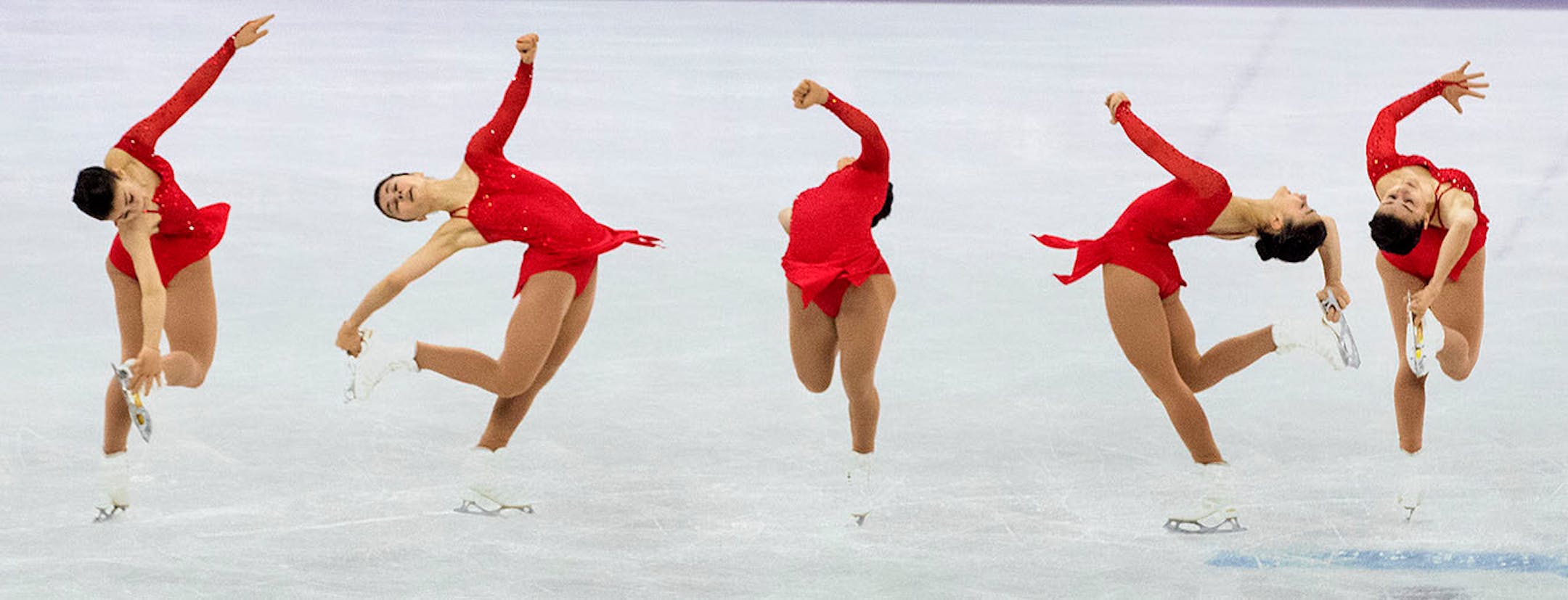 A multiple exposure image of Ivett Toth of Hungary during her free skate on Friday, Feb. 23, 2018, during the 2018 Pyeongchang Winter Olympics at Gangneung Ice Arena.