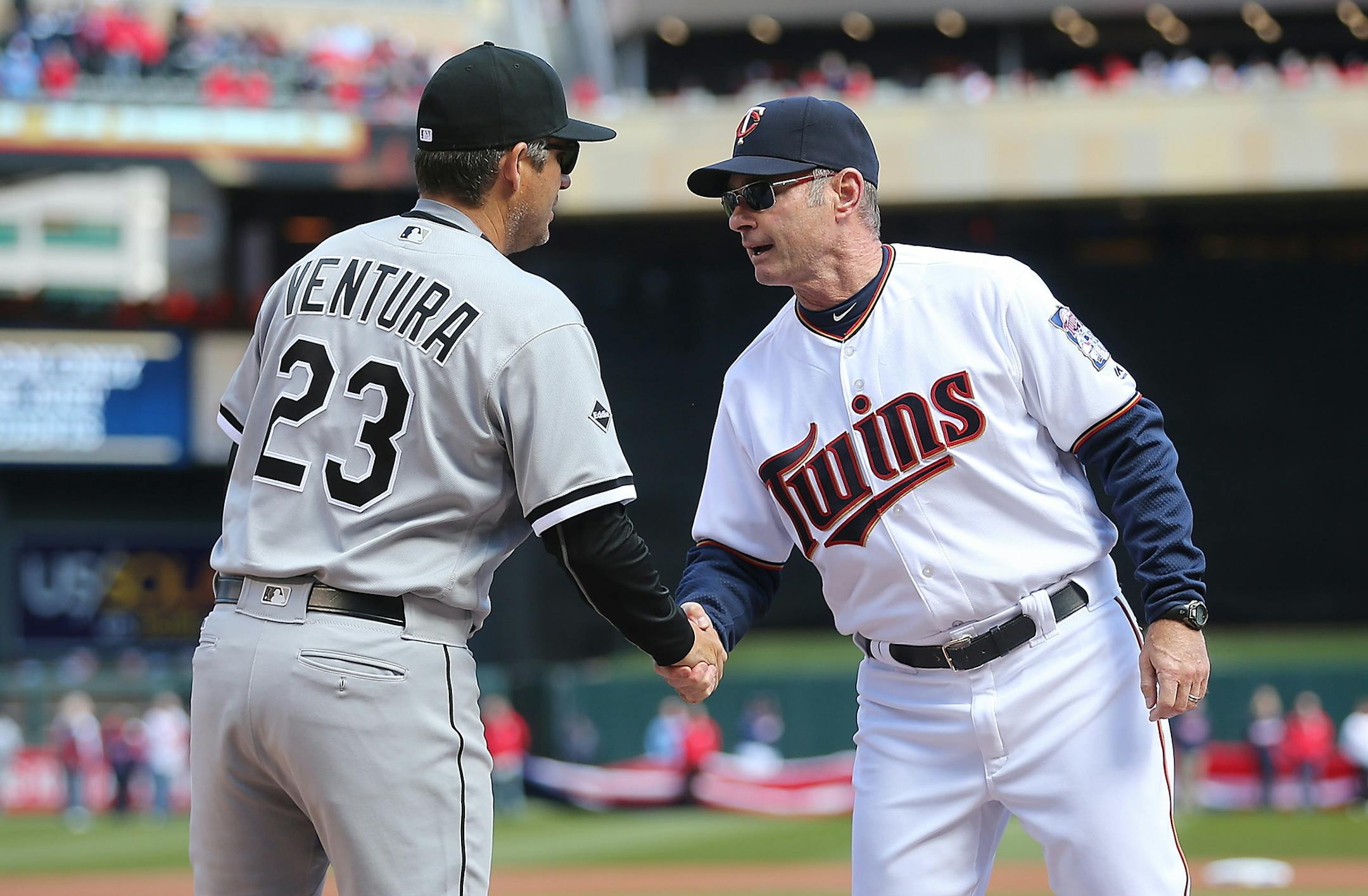Minnesota Twins Manager Paul Molitor greeted Chicago White Sox Manager Robin Venturea before the Twins took on the Chicago White Sox during the Twins Home opener, Monday, April 11, 2016 in Minneapolis, MN.