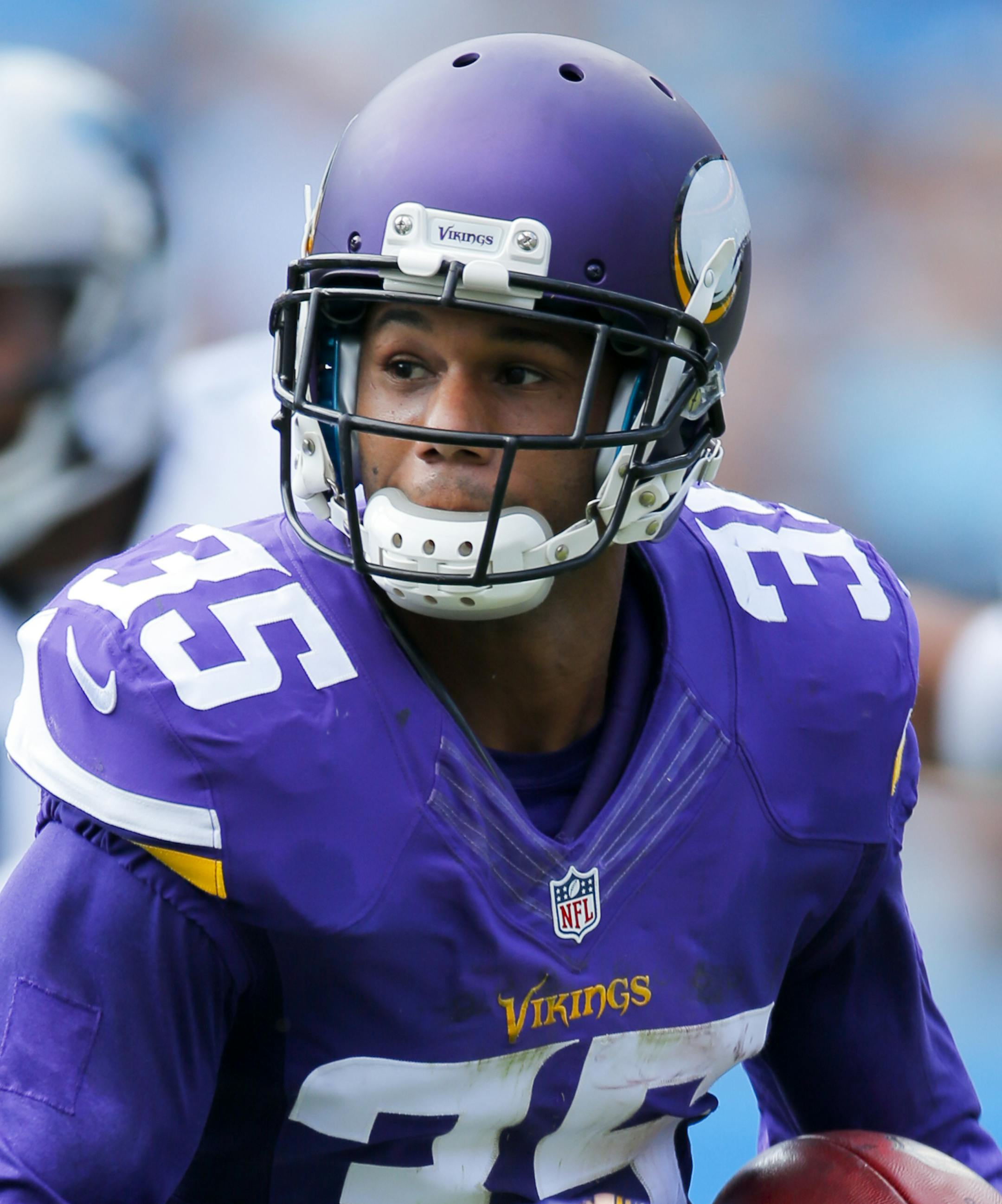 Minnesota Vikings cornerback Marcus Sherels (35) runs the ball against the Carolina Panthers during an NFL game at Bank of America Stadium in Charlotte, N.C. on Sunday, Sept. 25, 2016. (Chris Keane/AP Images for Panini)