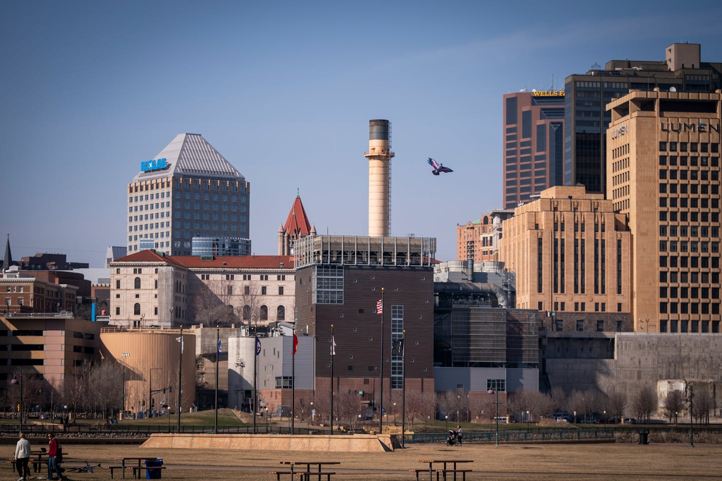 A kite that resembled a bird flown on Harriet Island seemed to soar above downtown St. Paul. ] LEILA NAVIDI • leila.navidi@startribune.com