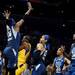 Sparks guard Chelsea Gray lost control of the ball against the Lynx in the first half of Tuesday night's WNBA playoff game. Los Angeles defeated the L