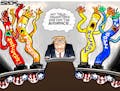 Sack cartoon: Trump at the podium