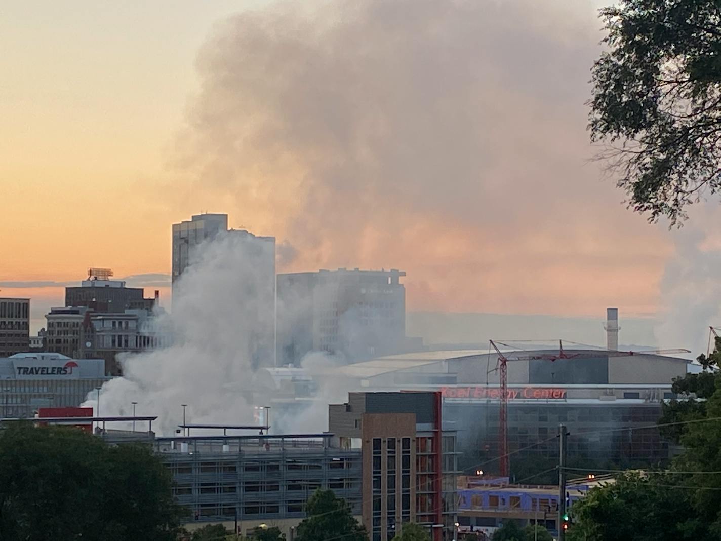 A building near the Xcel Energy Center in downtown St. Paul was burning Tuesday morning.