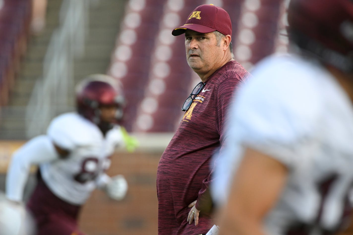 Minnesota Golden Gophers offensive coordinator Kirk Ciarrocca watches the team practice during an open football practice Thursday, Aug. 11, 2022 at Huntington Bank Stadium in Minneapolis, Minn.. ] aaron.lavinsky@startribune.com