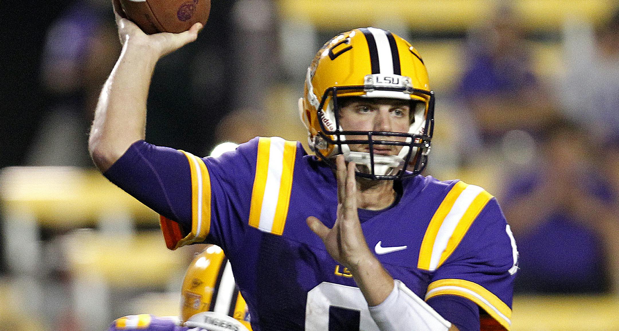 LSU quarterback Zach Mettenberger (8) drops back to pass in the second half of their NCAA college football game against Idaho in Baton Rouge, La. Saturday, Sept. 15, 2012. LSU won 63-14. (AP Photo/Gerald Herbert) ORG XMIT: LAGH118