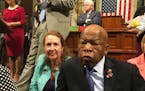 This photo provided by Rep. Chillie Pingree,D-Maine, shows Democrat members of Congress, including Rep. John Lewis, D-Ga., center, and Rep. Elizabeth 