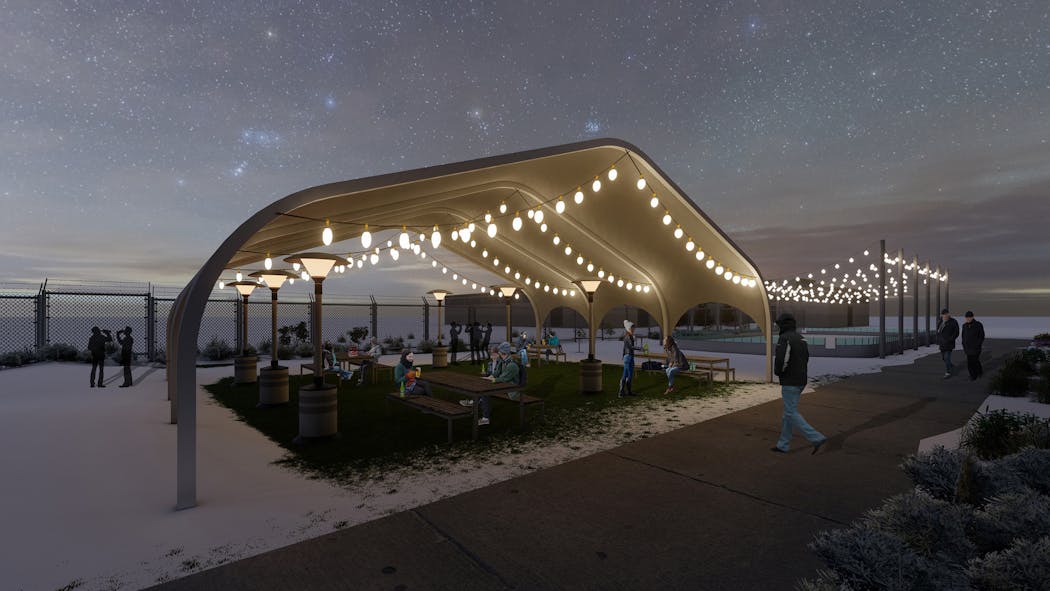 A rendering of what Forgotten Star brewery's outdoor area will look like come November, with a covered area and ice rink.