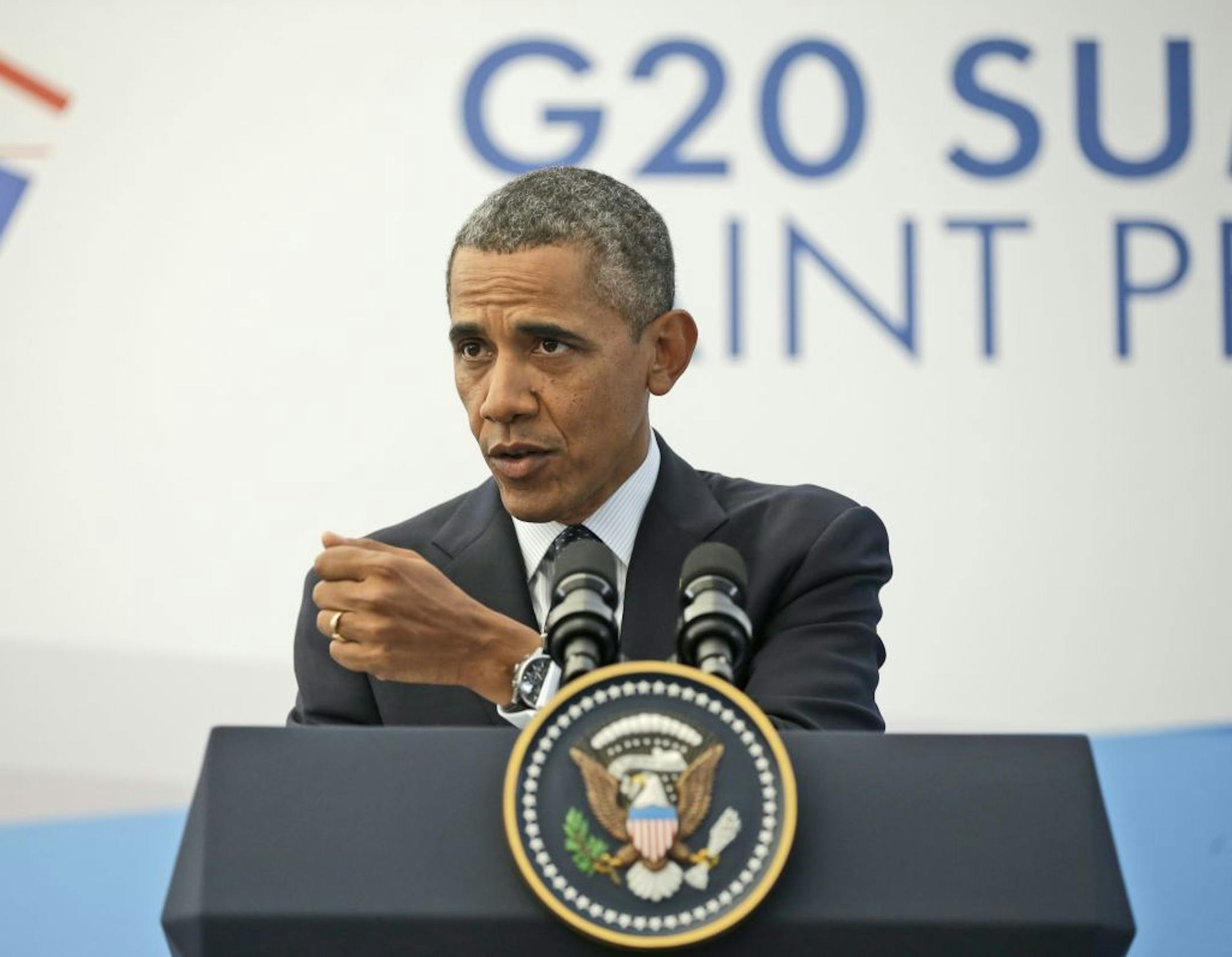 US President Barack Obama gestures during his news conference at the G-20 Summit in St. Petersburg, Russia, Friday, Sept. 6, 2013.