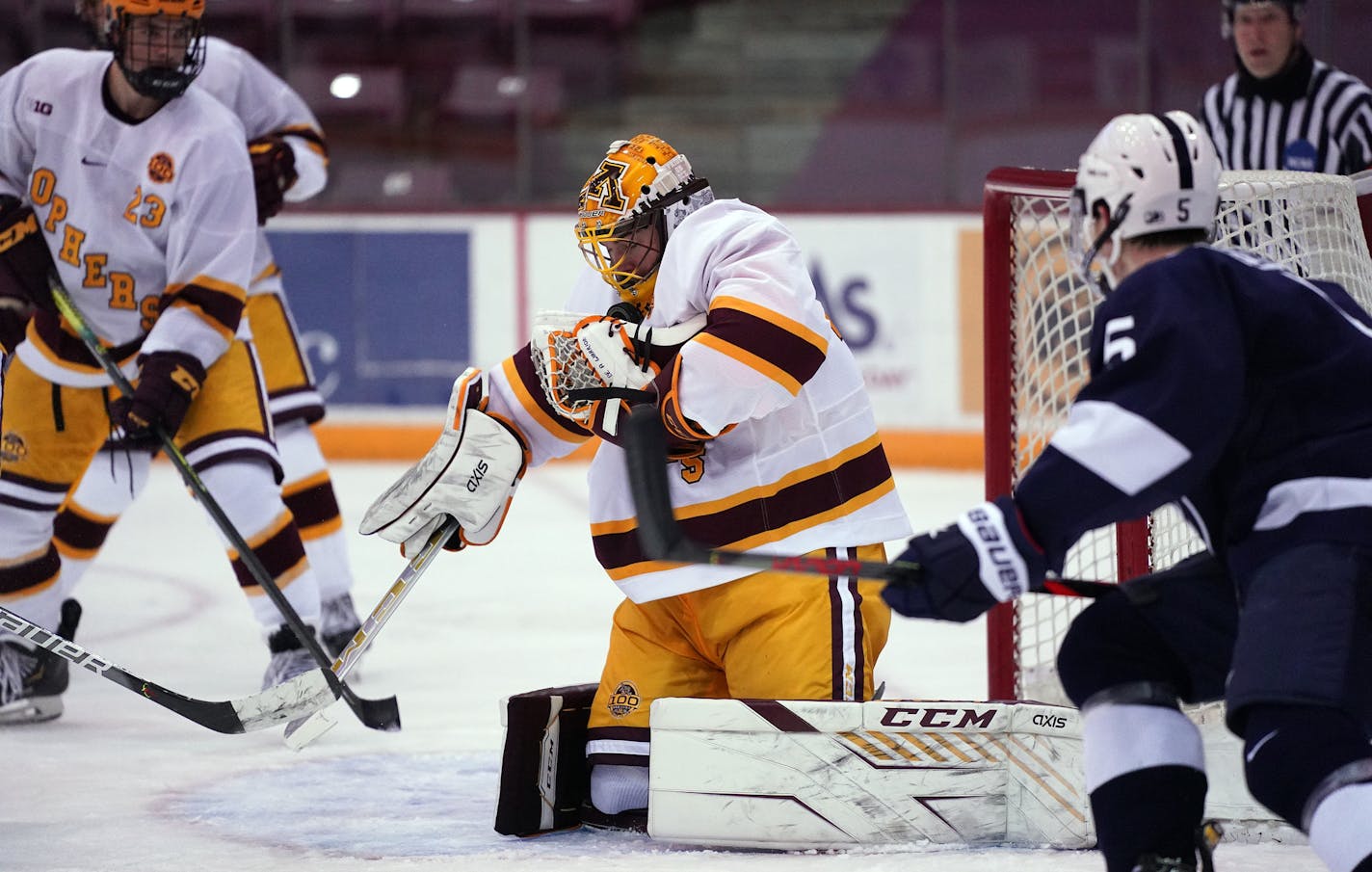 Gophers goaltender Jack LaFontaine made a save against Penn State in late November. He's 6-0 this season with a 1.00 goals-against average and .956 save percentage.