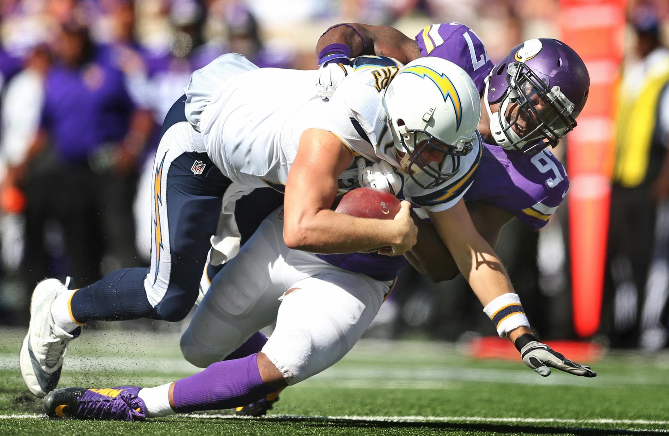 Minnesota Vikings defensive end Everson Griffen (97) sacked San Diego Chargers quarterback Philip Rivers (17) in the second quater Sunday September 27, 2015 in Minneapolis, MN. ] The Minnesota Vikings hosted the San Diego Chargers . Jerry Holt/ Jerry.Holt@Startribune.com