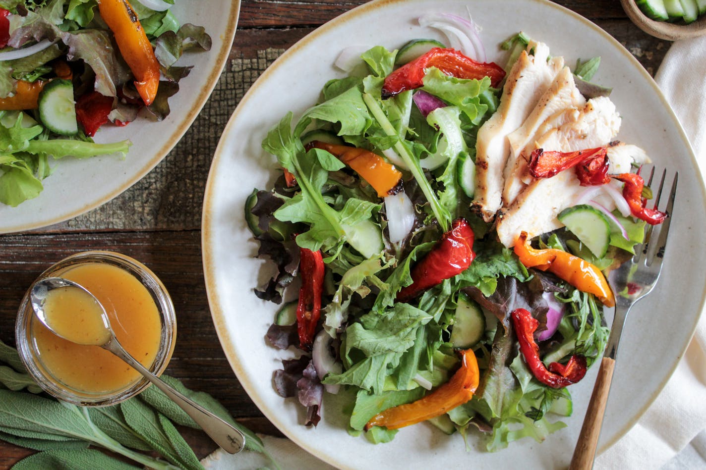 Chicken Salad with Pan Roasted Peppers is a light — and scalable — dinner to have on hand for unpredictable summer nights. Recipe by Beth Dooley, photo by Ashley Moyna Schwickert, Special to the Star Tribune