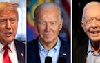 This combination of photos shows former President Donald Trump in New York, April 23, 2024, from left, President Joe Biden in Scranton, Pa., April 16,
