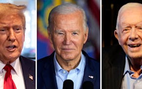 This combination of photos shows former President Donald Trump in New York, April 23, 2024, from left, President Joe Biden in Scranton, Pa., April 16,