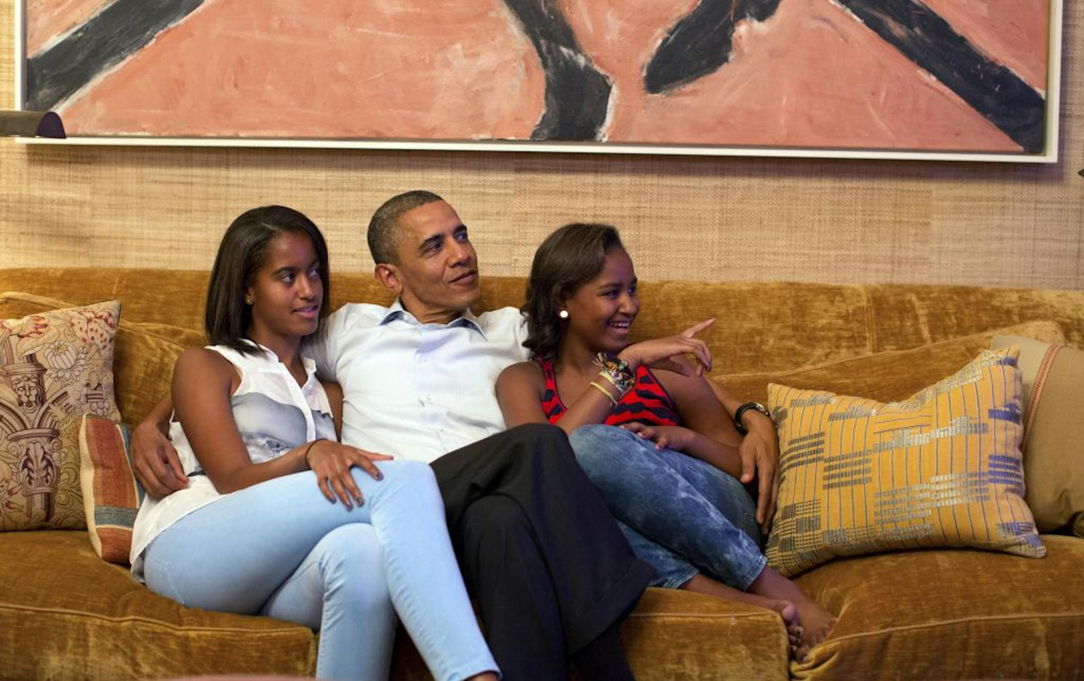 President Obama and his daughters, Malia, left, and Sasha, on Tuesday watched First Lady Michelle Obama speak at the Democratic National Convention on television from the Treaty Room of the White House.