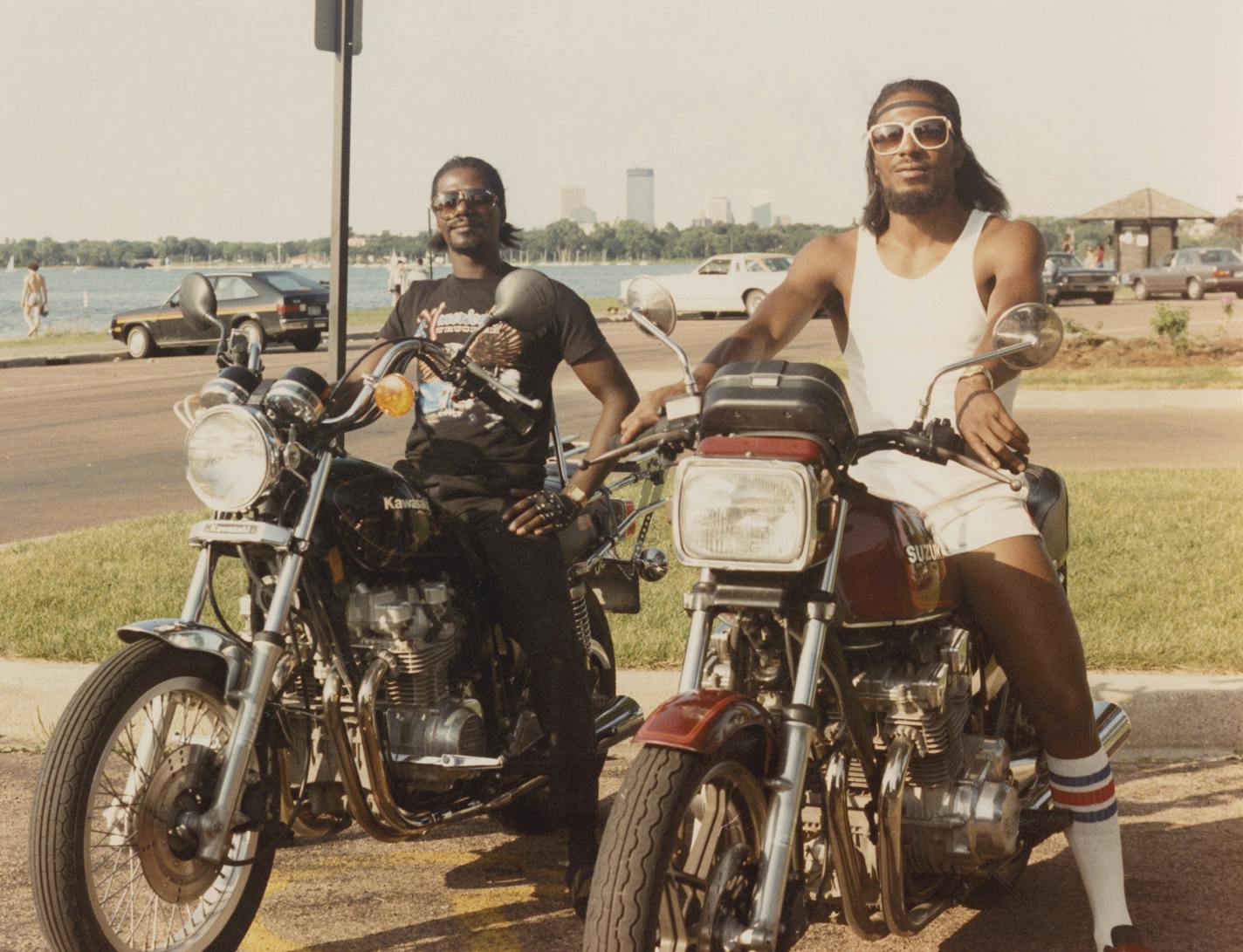 Charles Chamblis photographed Jerry Ray and Johnny Ray on their motorcycles at Lake Calhoun in 1986.