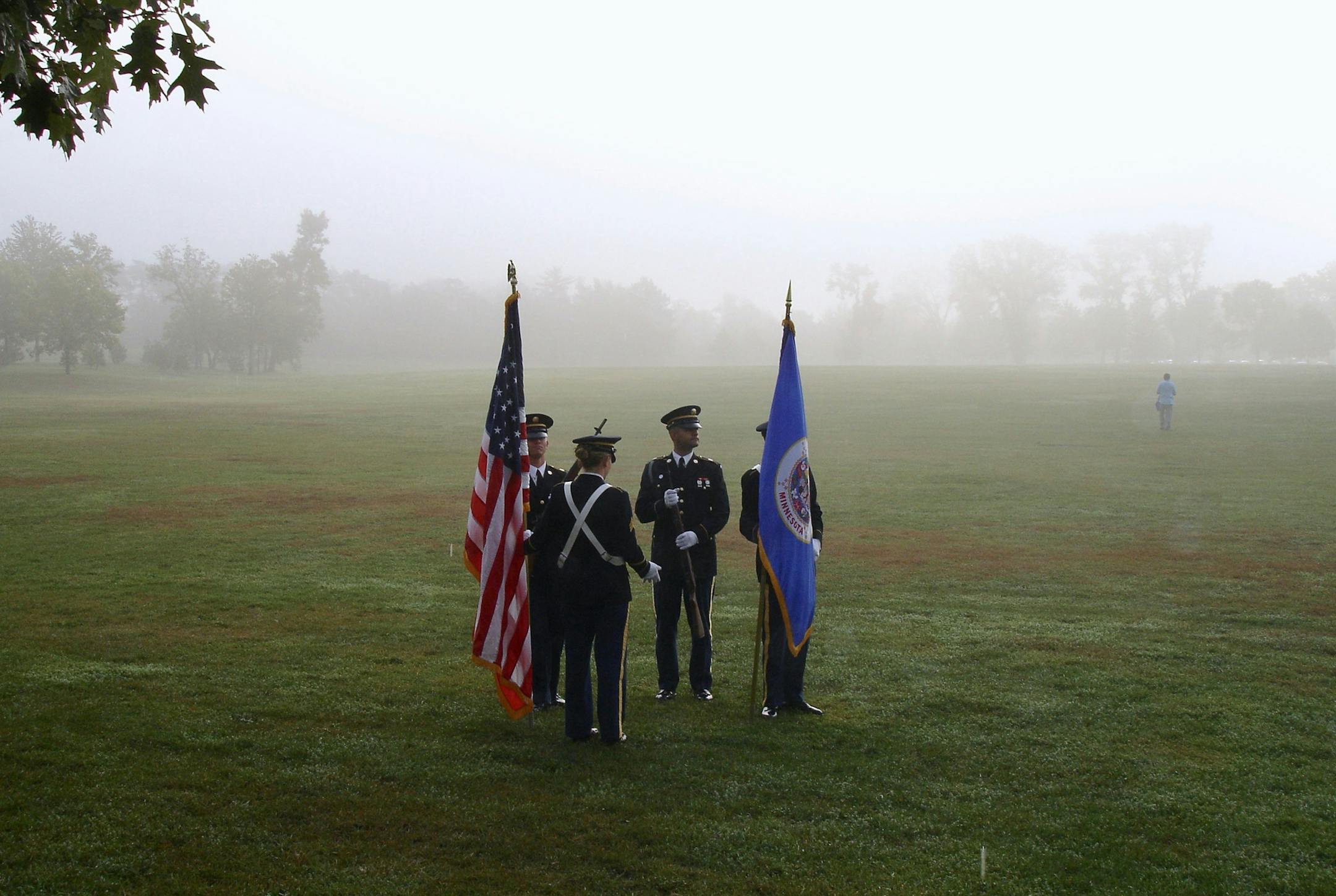I took this photo at St. Paul’s Como park in the misty early morning of September 26, 2009. The park was host to the Walk for Thought, an annual fundraiser for the Minnesota Brain Injury Alliance. That year the event honored and celebrated Minnesota’s veterans, as traumatic brain injury (TBI) is a significant health issue which affects service members and veterans during times of both peace and war. TBI has been recognized as the “signature injury” of the wars in Iraq