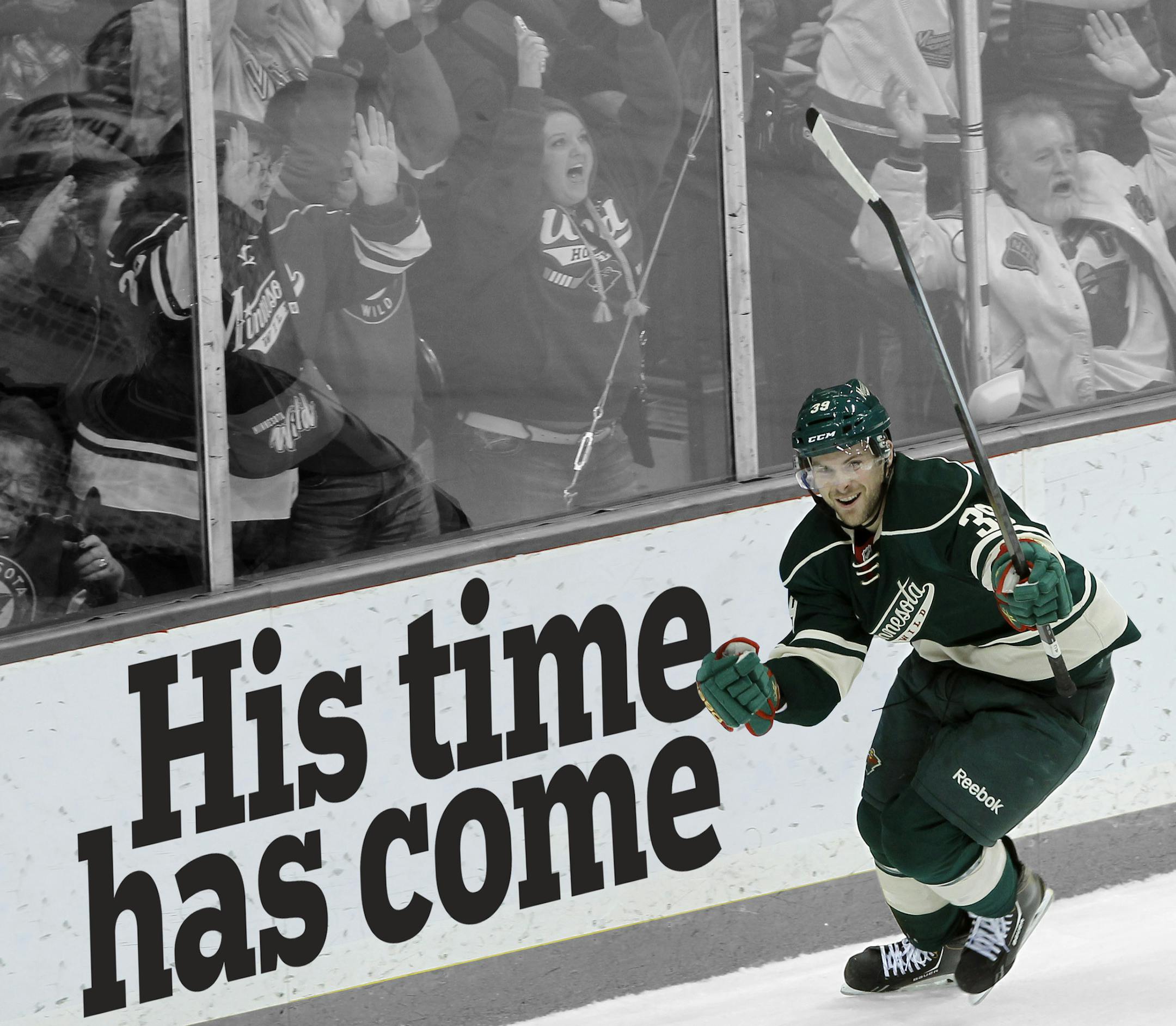 Minnesota Wild defenseman Nate Prosser celebrates after scoring the winning goal on Dallas Stars goalie Kari Lehtonen during overtime of an NHL hockey game in St. Paul, Minn., Saturday, Jan. 18, 2014. The Wild won 3-2 in overtime. (AP Photo/Ann Heisenfelt) ORG XMIT: MIN2014011823133361