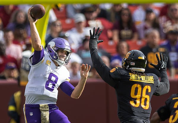 VIkings quarterback Kirk Cousins has been pressured on 137 of his dropbacks — the third-most in the league, but he’s been sacked only 14.6% of the