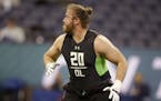 North Dakota State offensive lineman Joe Haeg runs a drill at the NFL football scouting combine in Friday, Feb. 26, 2016, in Indianapolis.