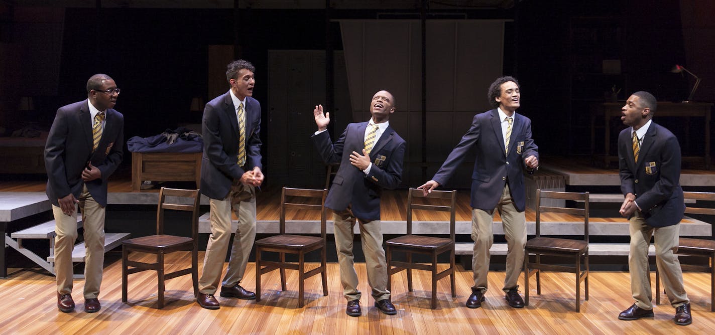 credit: Heidi Bohnenkamp Darrick Mosley (Robert "Bobby" Marrow III), Ryan Colbert (Antony Justin "A.J." James), John-Michael Lyles (Pharus Jonathan Young), Nathan Barlow (David Heard) and Kory LaQuess Pullam (Junior Davis) in the Guthrie Theater's production of Choir Boy by Tarrell Alvin McCraney, directed by Peter Rothstein.