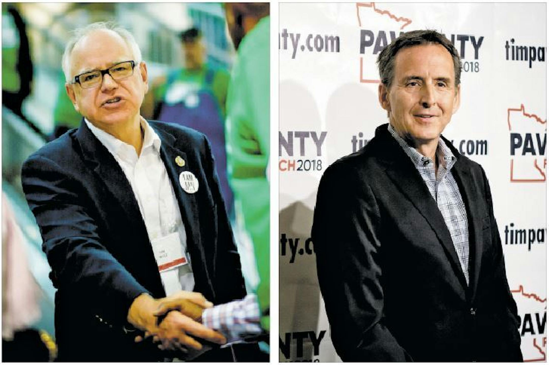 Tim Walz, left, is the Star Tribune Editorial Board's recommendation in the DFL Party primary election for governor. Tim Pawlenty, right, is the board's recommendation in the Republican primary.