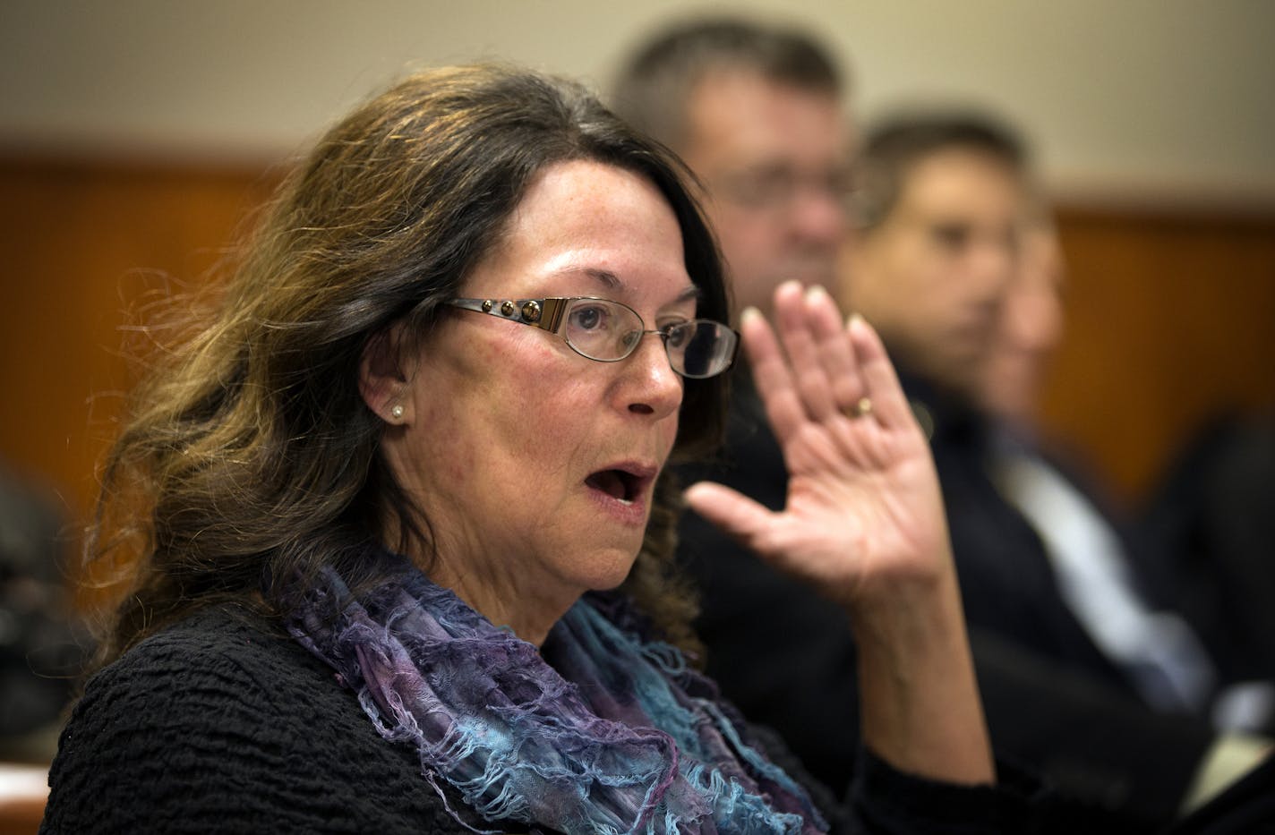 Big Lake Mayor Raeanne Danielowski speaks to Governor Mark Dayton during a meeting with local and state officials on the topic of railroad safety at the Coon Rapids City Center on Monday, December 22, 2014. ] LEILA NAVIDI leila.navidi@startribune.com /