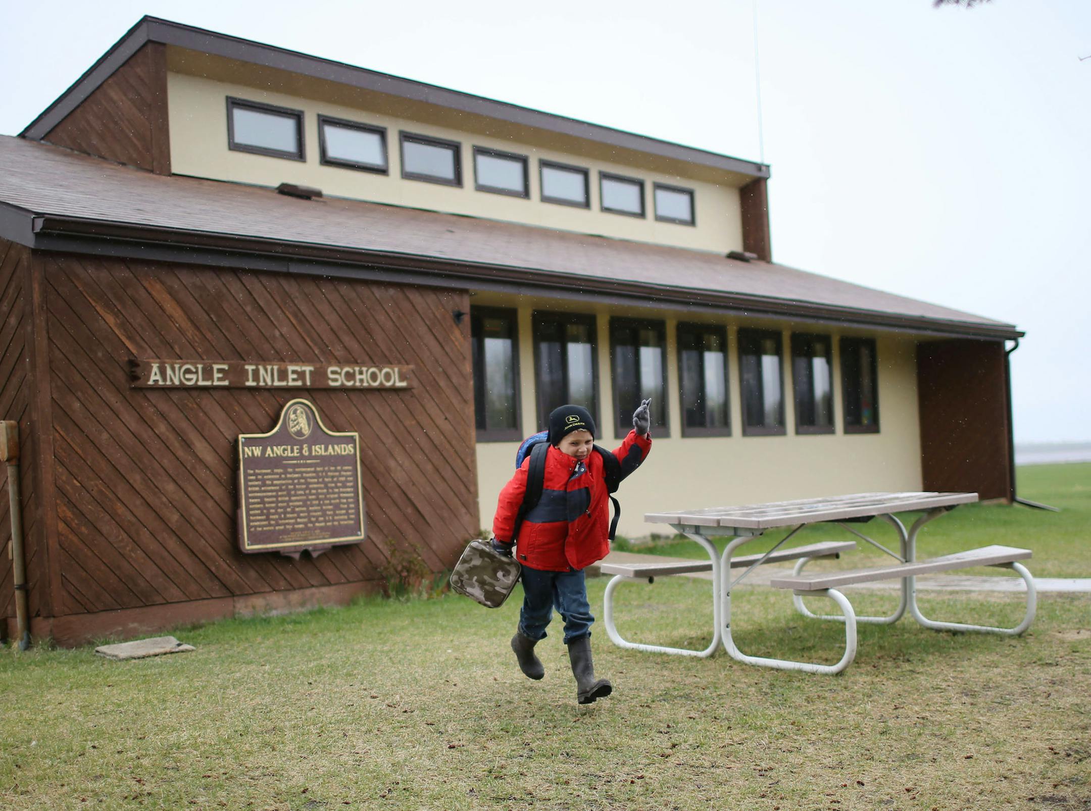 At school's end, Tyson McKeever, kindergarten, heads to a nearby tree to climb while waiting for a ride home at Minnesot's last public, one-room school.](DAVID JOLES/STARTRIBUNE)djoles@startribune.com For three decades, Linda LaMie has been the only teacher at the Angle Inlet School, the last one-room public school in Minnesota. The remote outpost sits at the northernmost point of the 48 contiguous states, in the state's chimney. It seems like it should belong to Canada, LaMie said.**Tyson McKee