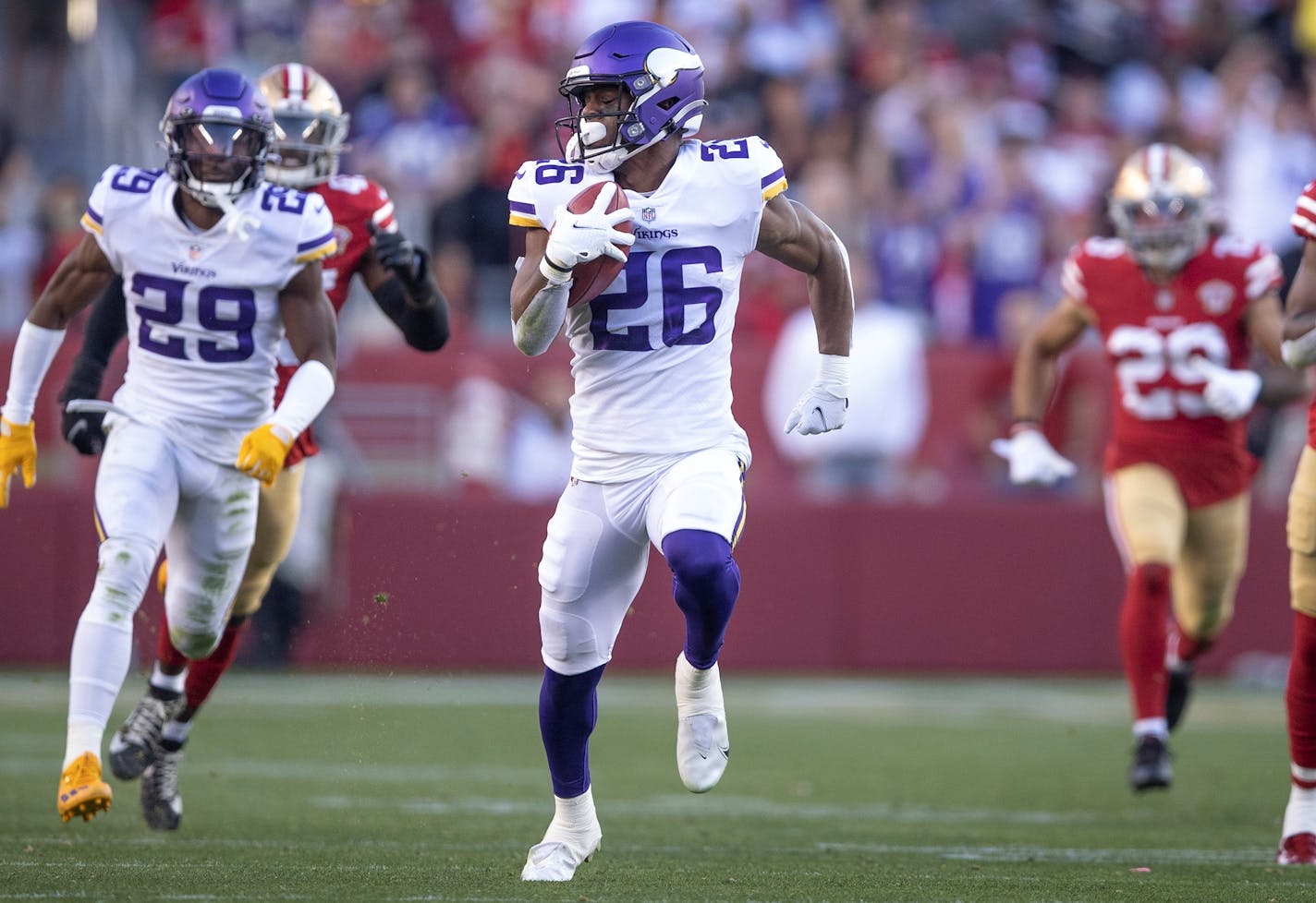 Minnesota Vikings running back Kene Nwangwu (26) scores on a 99 yard kickoff return , in Santa Clara, Calif., on Sunday, Nov. 28, 2021. The San Francisco 49ers defeated the Minnesota Vikings 34-26 in a NFL football game at Levi's Stadium. ] JERRY HOLT •Jerry.Holt@startribune.com