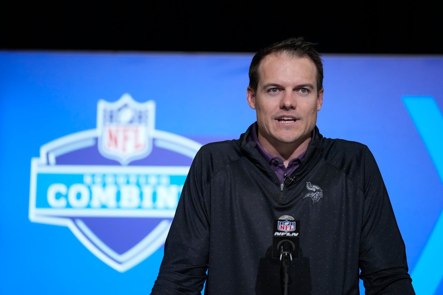 Minnesota Vikings head coach Kevin O'Connell speaks during a press conference at the NFL football scouting combine in Indianapolis, Wednesday, March 1, 2023. (AP Photo/Michael Conroy)