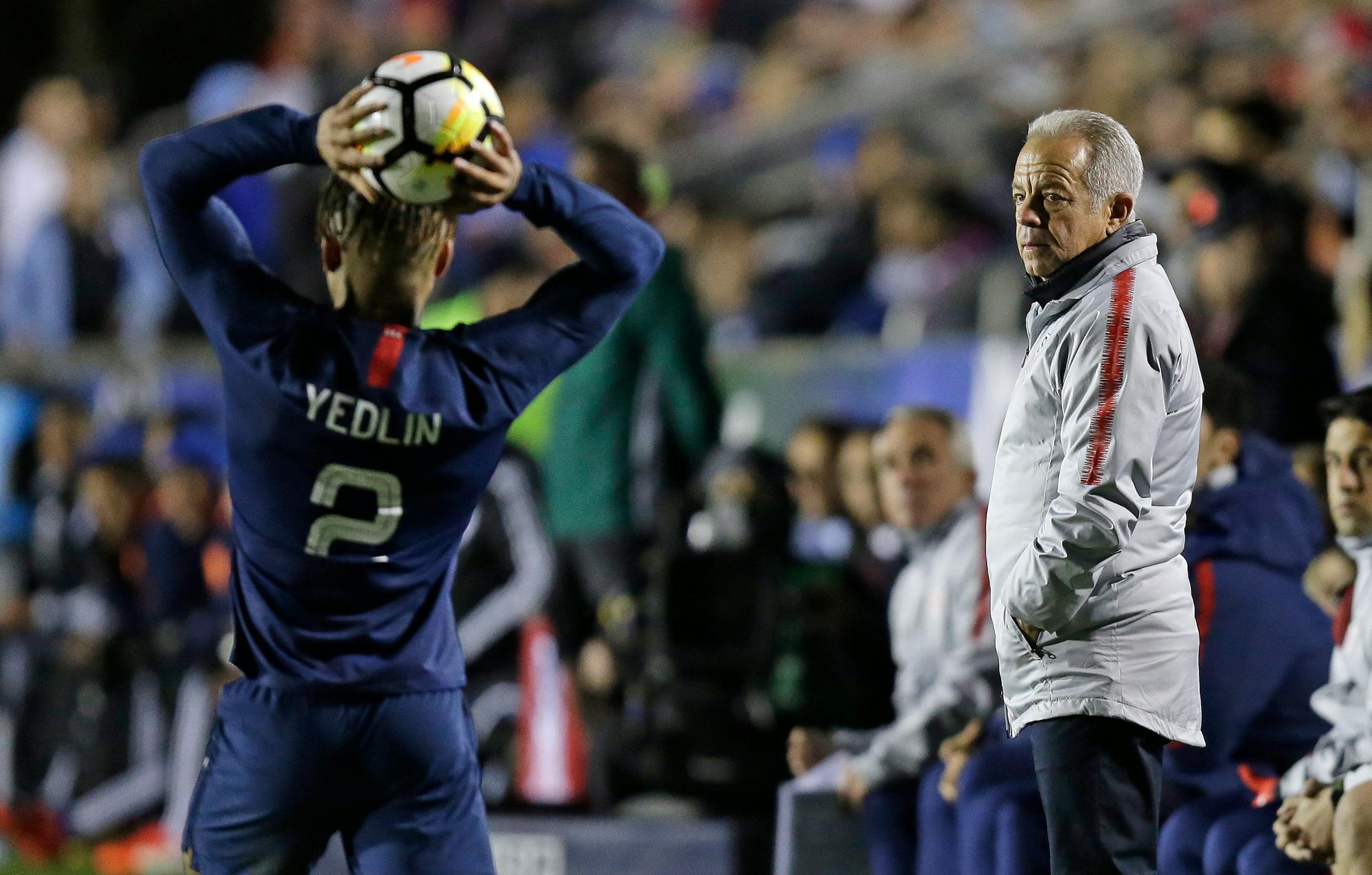 United States head coach Dave Sarachan watches DeAndre Yedlin (2) throw-in the ball during the second half of an international friendly soccer match against Paraguay