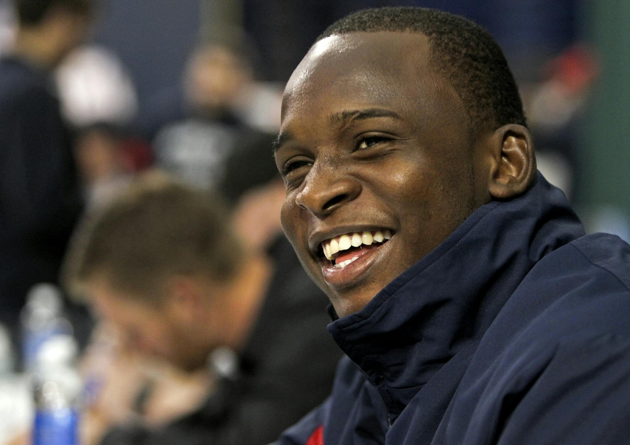 The Minnesota Twins Miguel Sano arrived for Twinsfest from his home country of the Dominican Republic Friday, Jan. 25, 2013,in time to sign autographs for fans at the Metrodome in Minneapolis, MN. Here, Sano spied a familiar face and flashed a smile.] (DAVID JOLES/STARTRIBUNE) djoles@startribune.com The Minnesota Twins Miguel Sano is a hot prospect at third base from the Dominican Republic and was photographed at Twinsfest in the Metrodome Friday, Jan. 25, 2013.**Miguel Sano,cq ORG XMIT: MIN1301