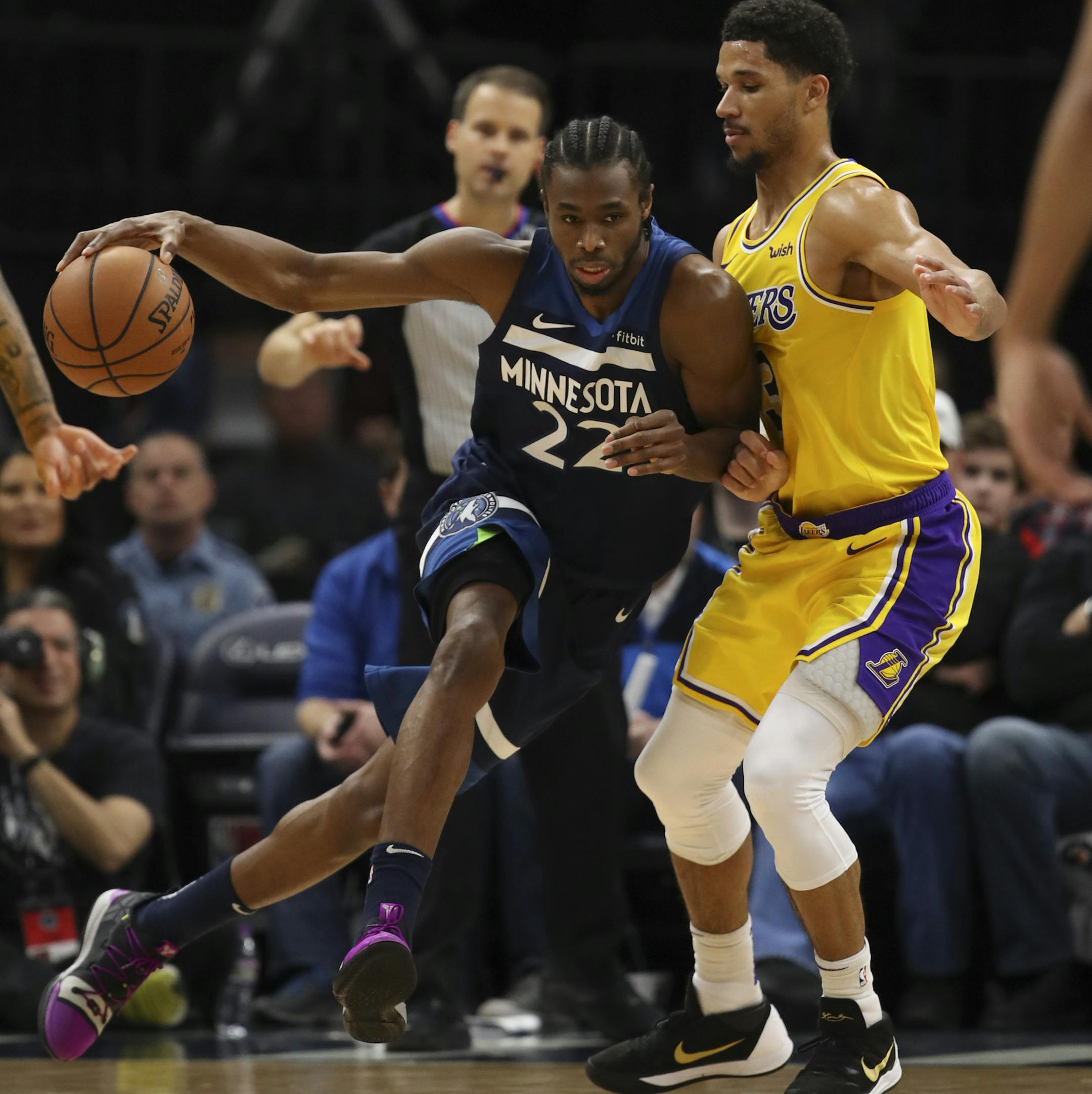 Minnesota Timberwolves forward Andrew Wiggins (22) drove against the defense of Los Angeles Lakers guard Josh Hart (3) in the second half. ] JEFF WHEELER &#x2022; jeff.wheeler@startribune.com The Minnesota Timberwolves defeated the Los Angeles Lakers 108-86 in an NBA basketball game Sunday afternoon, January 6, 2019 at Target Center in Minneapolis.