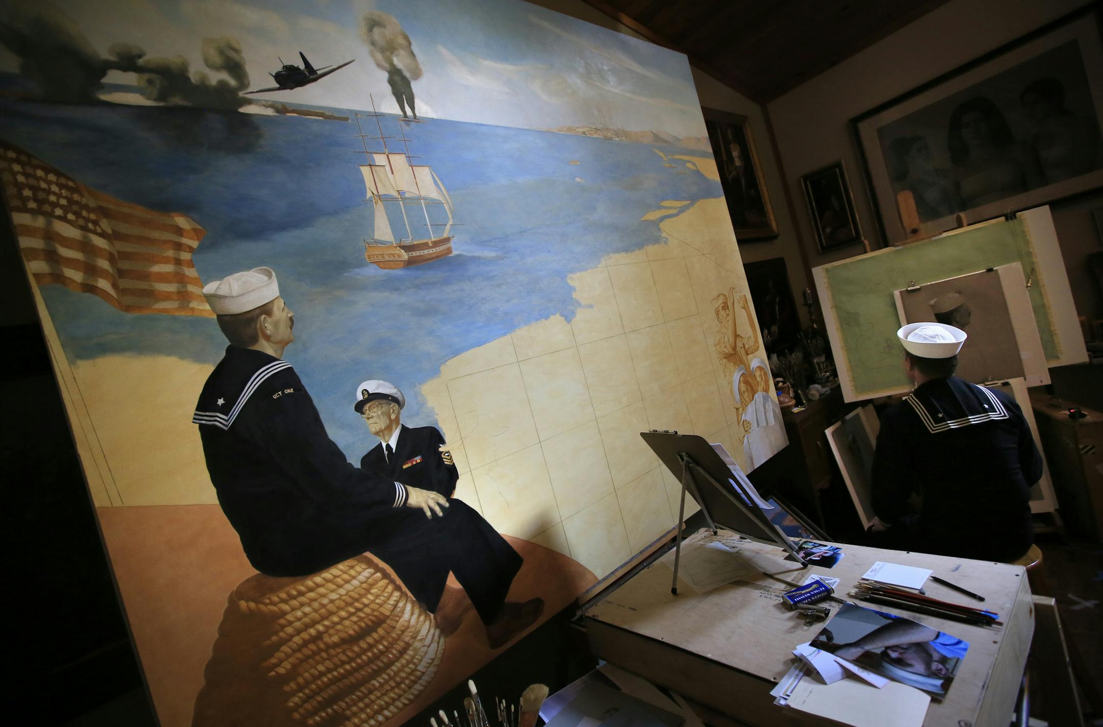 Ray Stumpf, a Navy veteran and retired school teacher is dying of cancer, he is spending his final months decked out in naval gear and sitting as the model for "the lone sailor" in one of Charles Kapsner's military paintings. Here, Stumpf sits for Kapsner while working on a preliminary sketch for the original painting on wall at left. ] BRIAN PETERSON &#x2022; brianp@startribune.com
Little Falls, MN - 02/27/2012