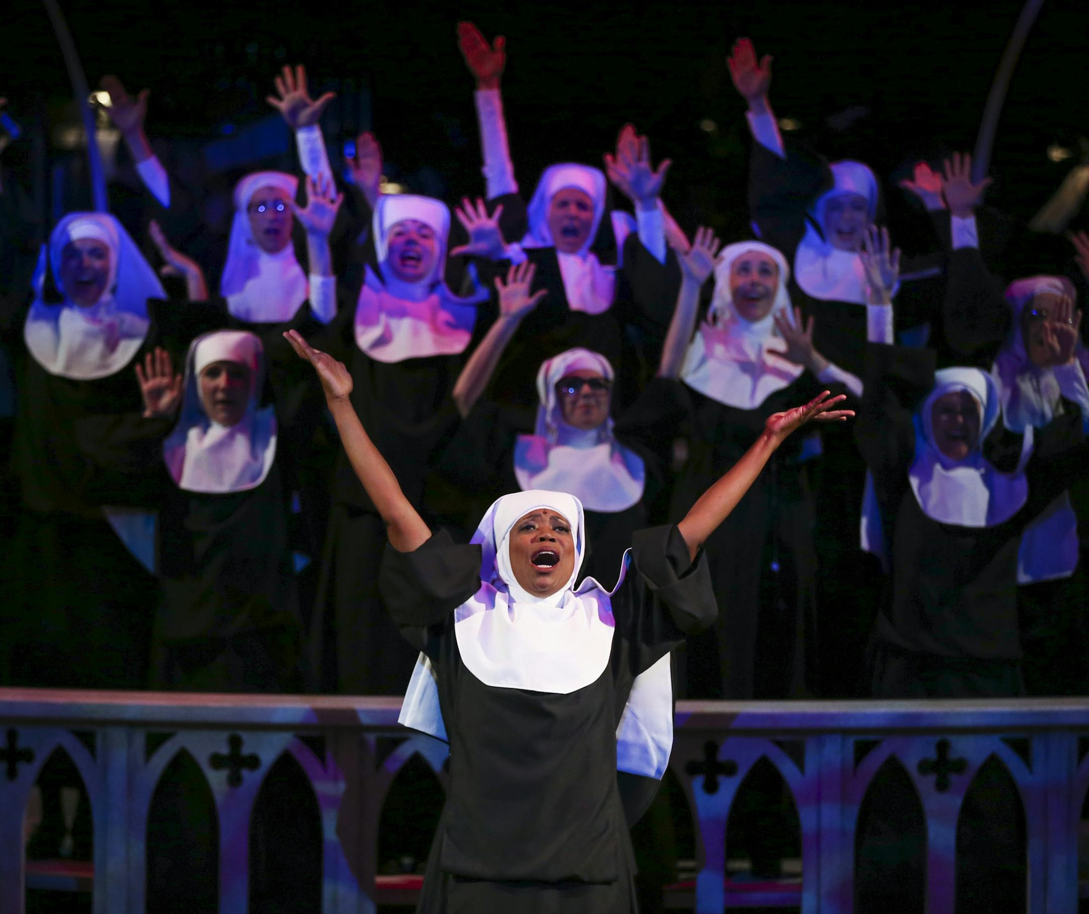 Regina Marie Williams as Deloris Van Cartier in a first act scene from "Sister Act" during the first dress rehearsal Wednesday night. ] JEFF WHEELER • jeff.wheeler@startribune.com The musical "Sister Act," starring Regina Marie Williams is in rehearsals this week at Chanhassen Dinner Theatre. The cast held their first dress rehearsal Wednesday night, October 28, 2015 in Chanhassen.
