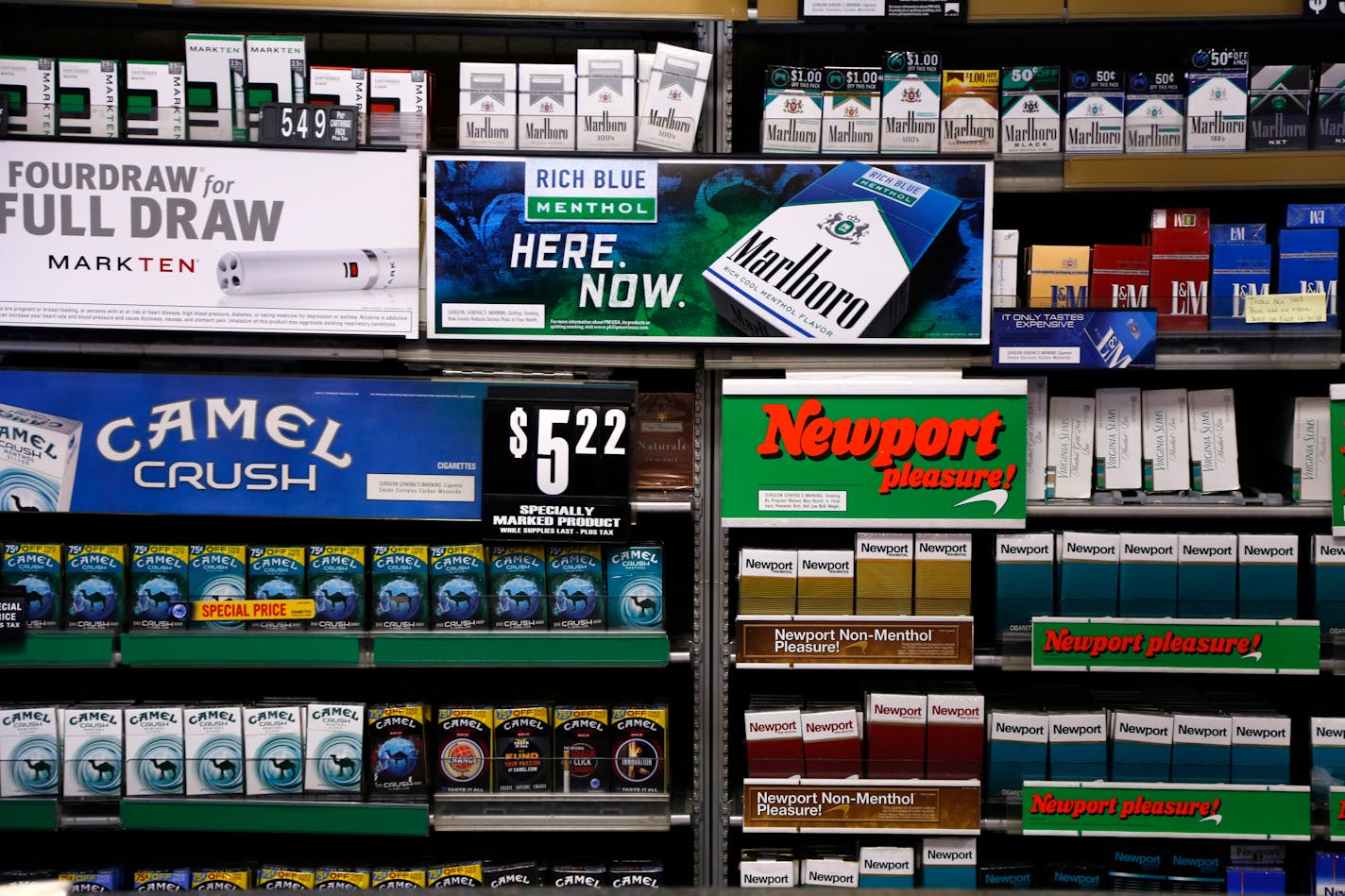 Cigarettes on display at a store.