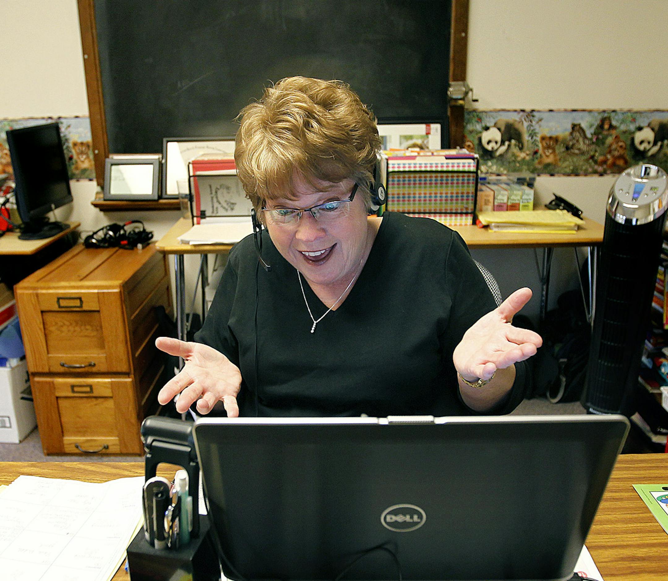 Deb Moorse, a speech and language pathologist, worked with a 14-year-old special needs student via Skype from an office that she rents out of Benson High School, Tuesday, May 21, 2013 in Benson, MN. Minnesota schools are grappling with a shortage of special education teacher as the number of students with complex needs dramatically increases. New licensings requirements soon to be imposed by the state will making finding teachers to work with students with autism even more difficult, administrat