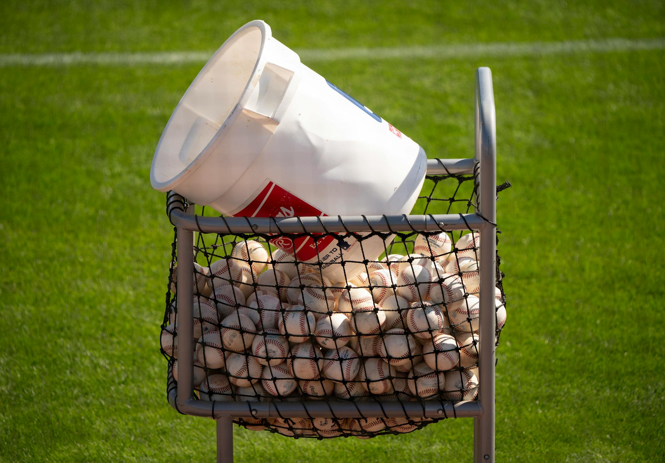 A basket of balls ready for the first full squad workout.