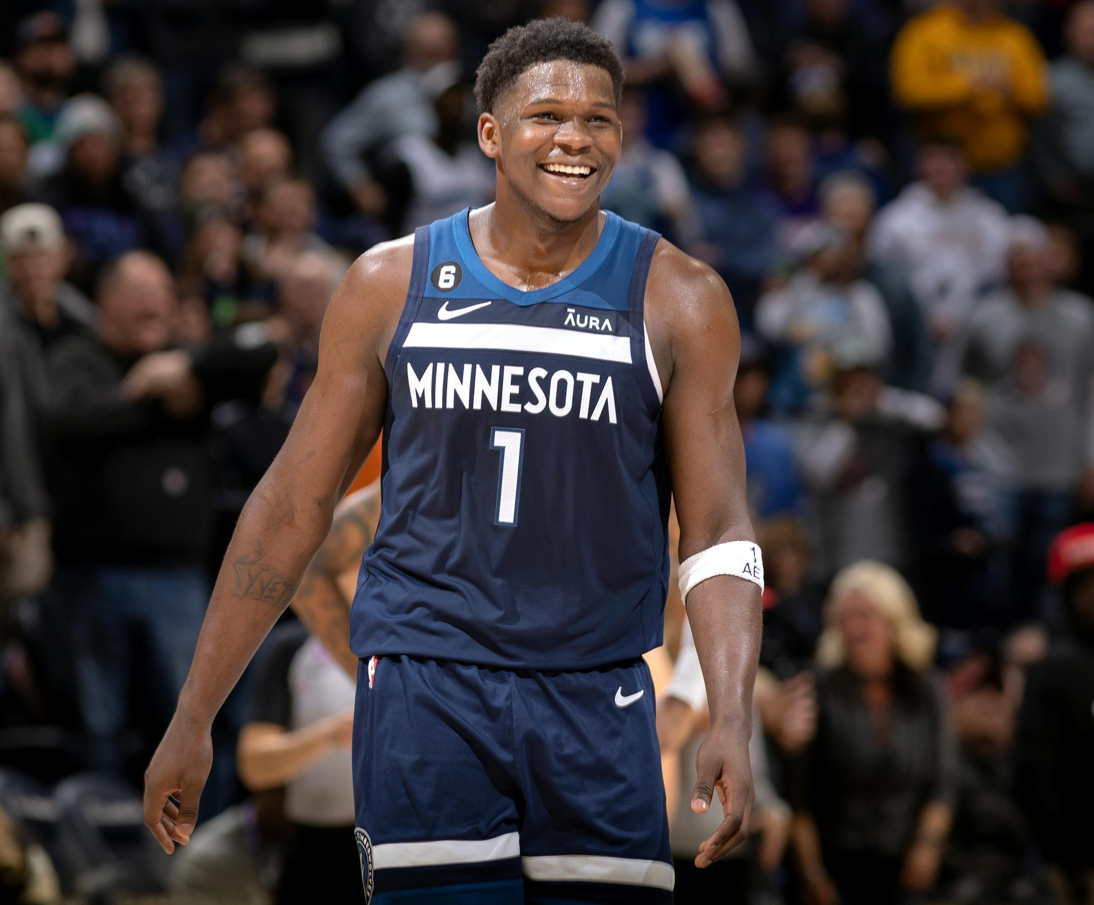 Anthony Edwards (1) of the Minnesota Timberwolves smiles at the end of the game Wednesday, October 26, 2022, at Target Center in Minneapolis, Minn.