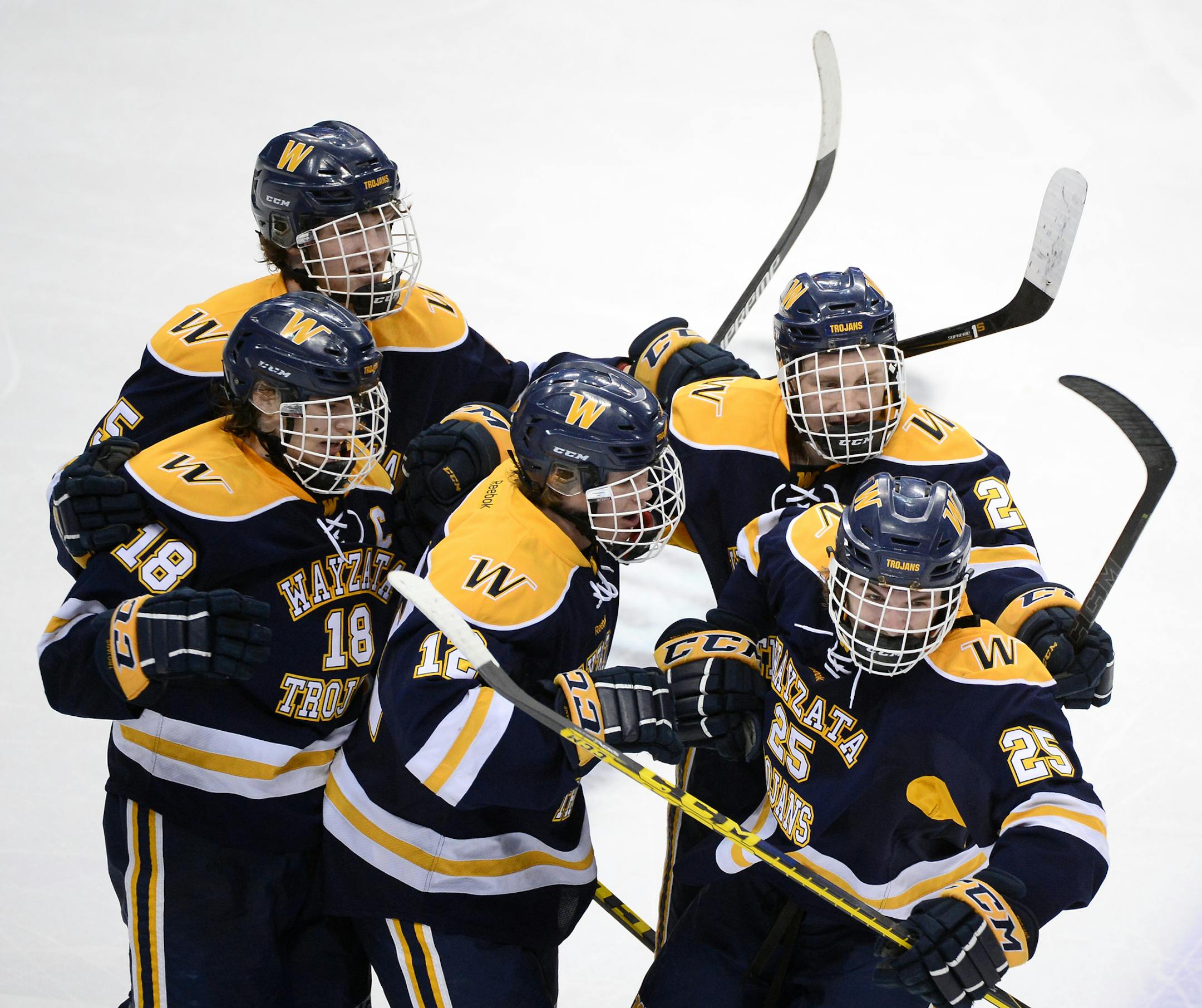 Wayzata players celebrated with defenseman Logan Lindstrand (25) after his goal against Eden Prairie in the second period. ] (AARON LAVINSKY/STAR TRIBUNE) aaron.lavinsky@startribune.com Eden Prairie played Wayzata in the Class 2A boys' hockey championship game on Saturday, March 5, 2016 at Xcel Energy Center in St. Paul, Minn.