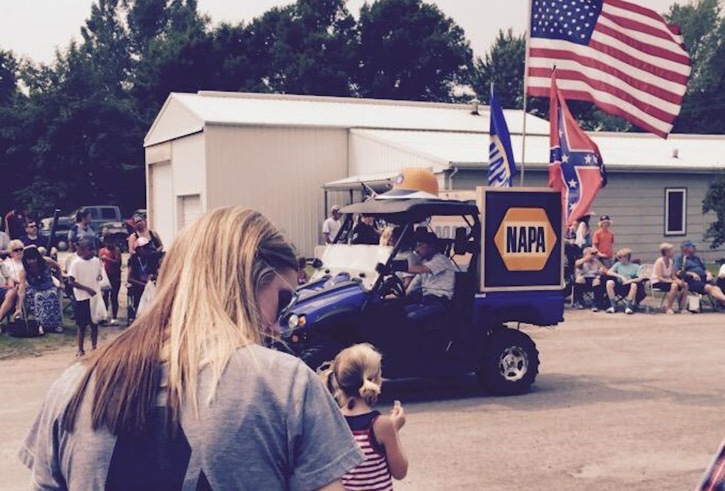 This vehicle flew the Confederate flag during the Fourth of July parade in Erhard, Minn.