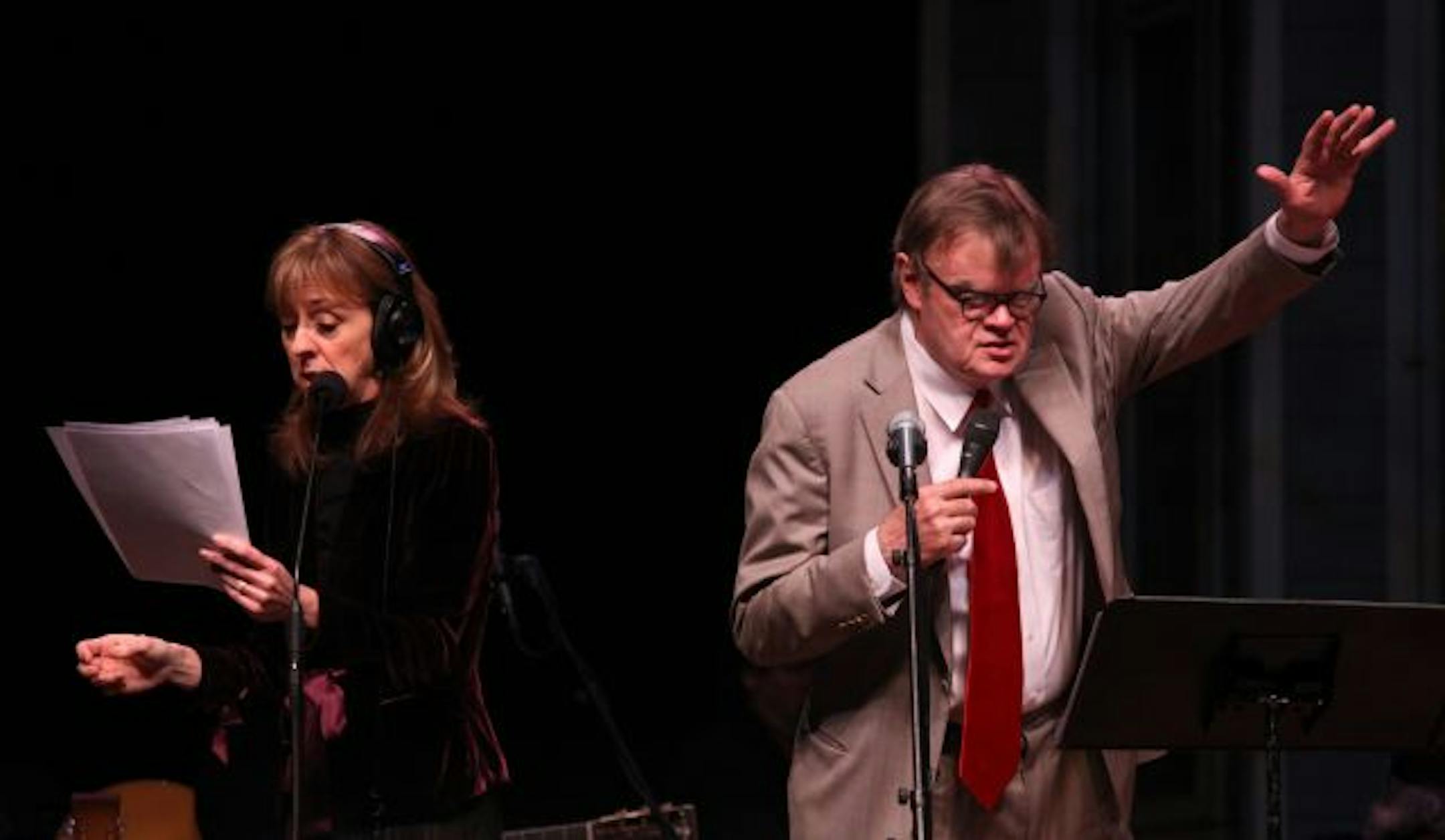 Live radio broadcast of the Garrison Keillor Prairie Home Companion Show, from the Rochester, Mayo Civic Center. The show will go live to 500 theaters around the US and Canada. [ from left, Tom Keith, Tim Russell, Sue Scott with Garrison Keillor during their live performance at the Rochester Mayo Civic Center.