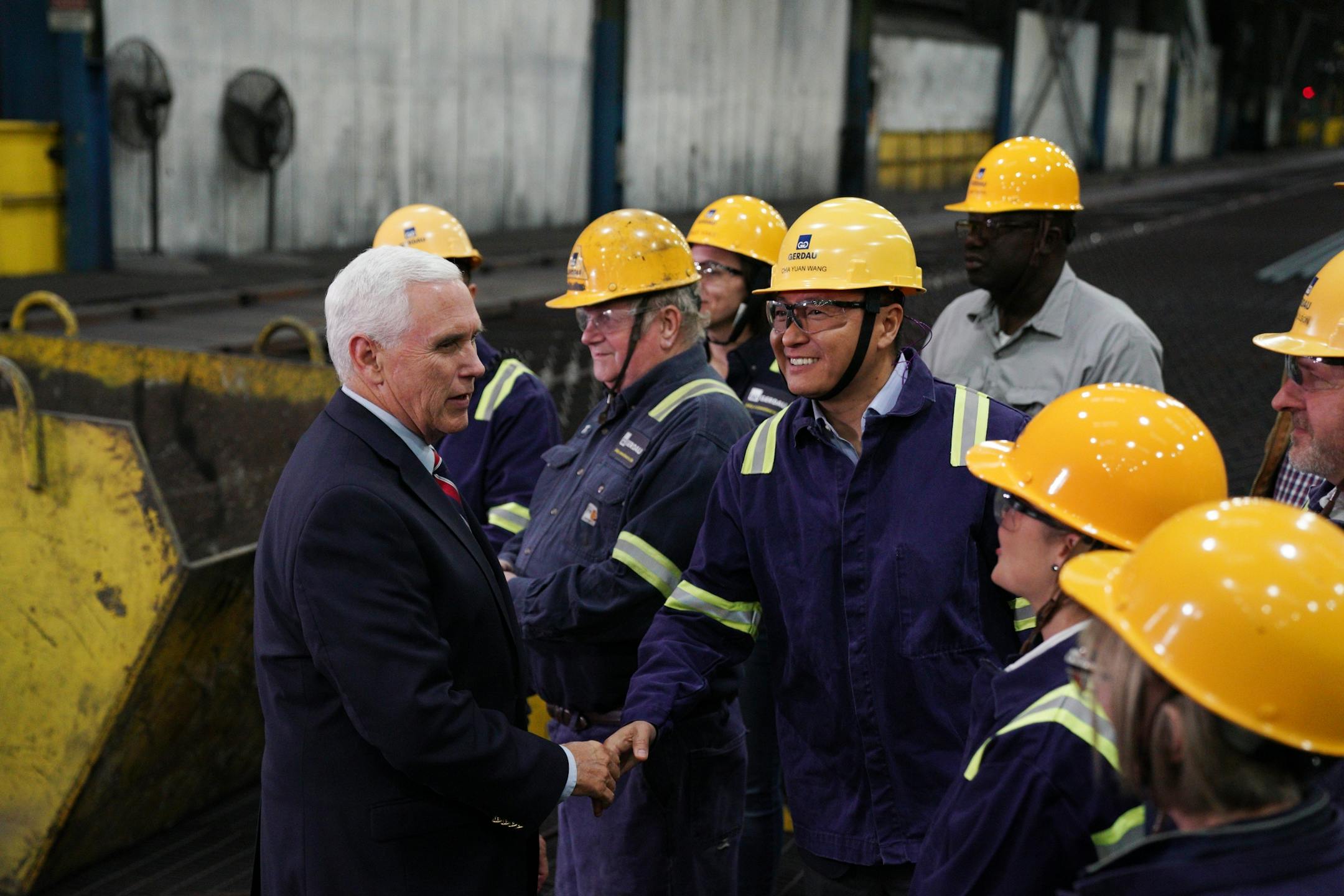 Vice President Mike Pence greeted a select group of steel workers after giving a speech urging support for President Donald Trump's proposed replacement for the North American Free Trade Agreement at Gerdau Ameristeel Thursday.